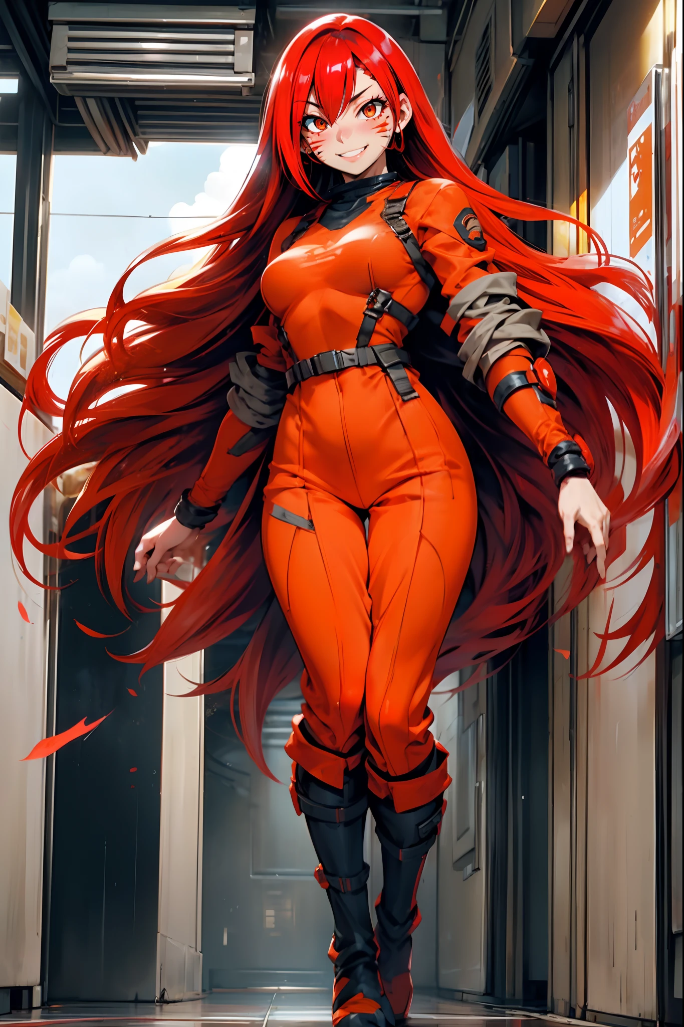 lava, red hair, orange eyes, prisoner cloths, medium breast, smile, facial mark, long hair, standing solo, full body, boots