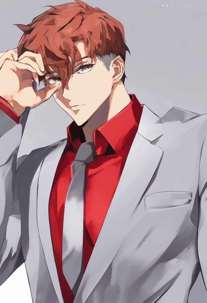 hombre adulto joven alto de cabello rojo, tiene un parche en uno de sus ojos, ojo color marron, musculoso como hulk, muy alto, no tiene el brazo izquierdo, lleva vendas en el cuerpo, viste un traje corporativo color negro y una corbata color rojo, se encuentra en su oficina, estilo anime