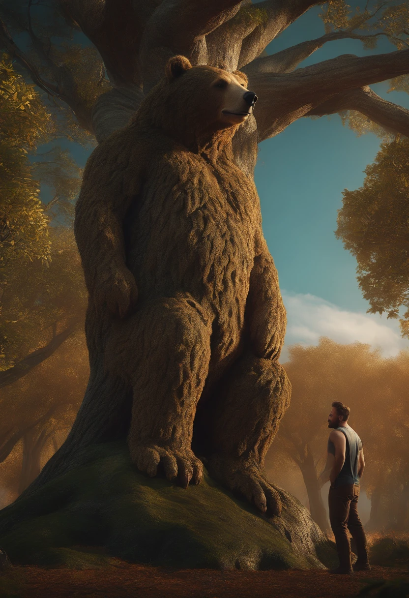 Photorealistic, High Resolution, soft light, Dense forest of sequoias with tall trunks, Thick branches, The camera looks directly at the horizon, In the background is a blue sky and mountains , And there are a few specks of dust in the air, Blur in bokeh out of focus;, There are small white clouds in the sky, hyper realistic, Bigfoot hides among the trees, Yetti,