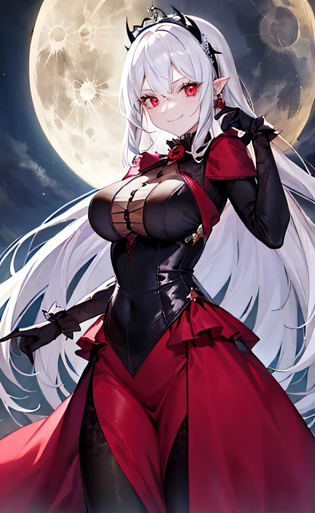 vampire,masterpiece, best quality, ultra-detailed, illustration, ultra-detailed face, best quality face, evil, 30 years old, adult, 1girl, 30 years old, no human, white hair, beautiful outfit, full moon, gothic setting, smile, confident, flowing red dress,elegant.