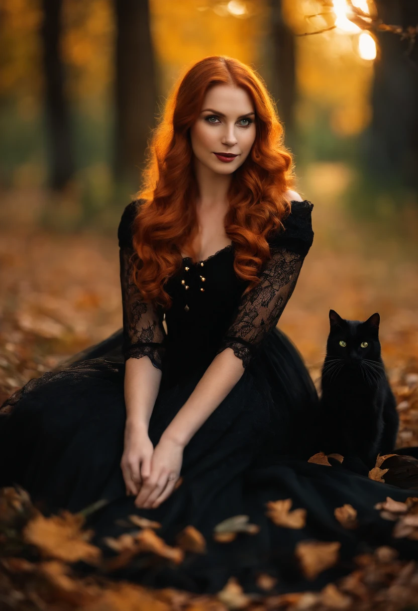 Portrait Receiving Professional Photography Redhead Woman Pale Ginger Orange, branca, Holding Black Cat Slightly blurred background in the forest with medieval costumes Black dress with lace Witch costume with black cat in hand and halloween pumpkin on the ground 8K Moss green, marrom e Laranja Hot Lights, de outono ao redor. Sun among the trees at dusk