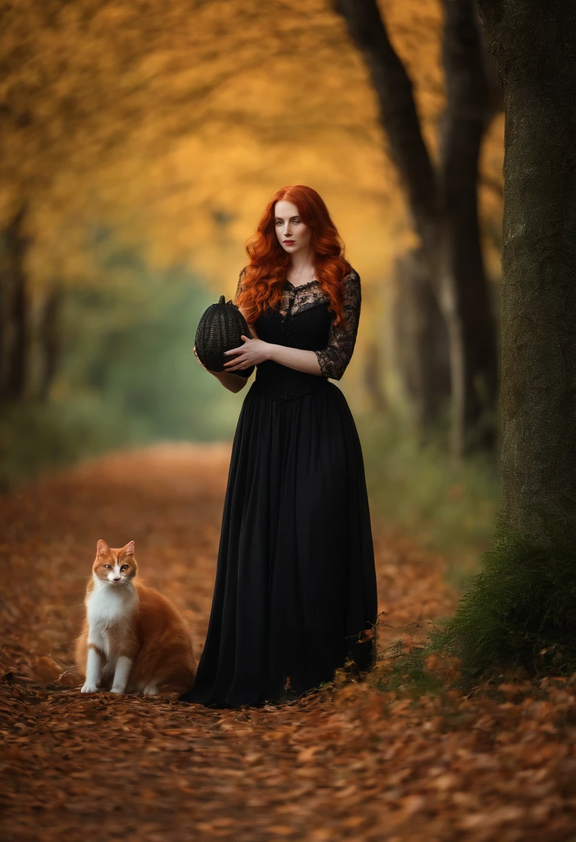 Portrait Receiving Professional Photography Redhead Woman Pale Ginger Orange, branca, Holding Black Cat Slightly blurred background in the forest with medieval costumes Black dress with lace Witch costume with black cat in hand and halloween pumpkin on the ground 8K Moss green, marrom e Laranja Hot Lights, de outono ao redor. Sun among the trees at dusk