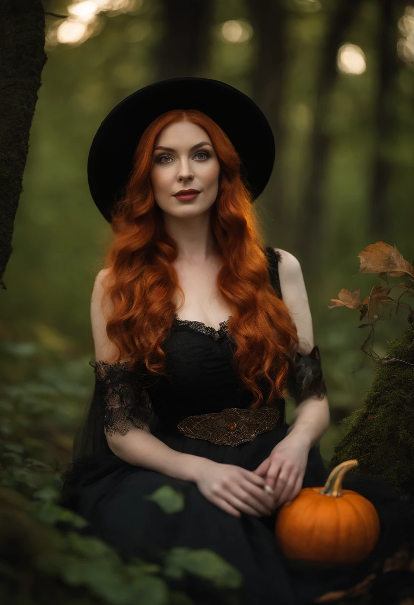 Portrait Receiving Professional Photography Redhead Woman Pale Ginger Orange, branca, Holding Black Cat Slightly blurred background in the forest with medieval costumes Black dress with lace Witch costume with black cat in hand and halloween pumpkin on the ground 8K Moss green, marrom e Laranja Hot Lights, de outono ao redor. Sun among the trees at dusk