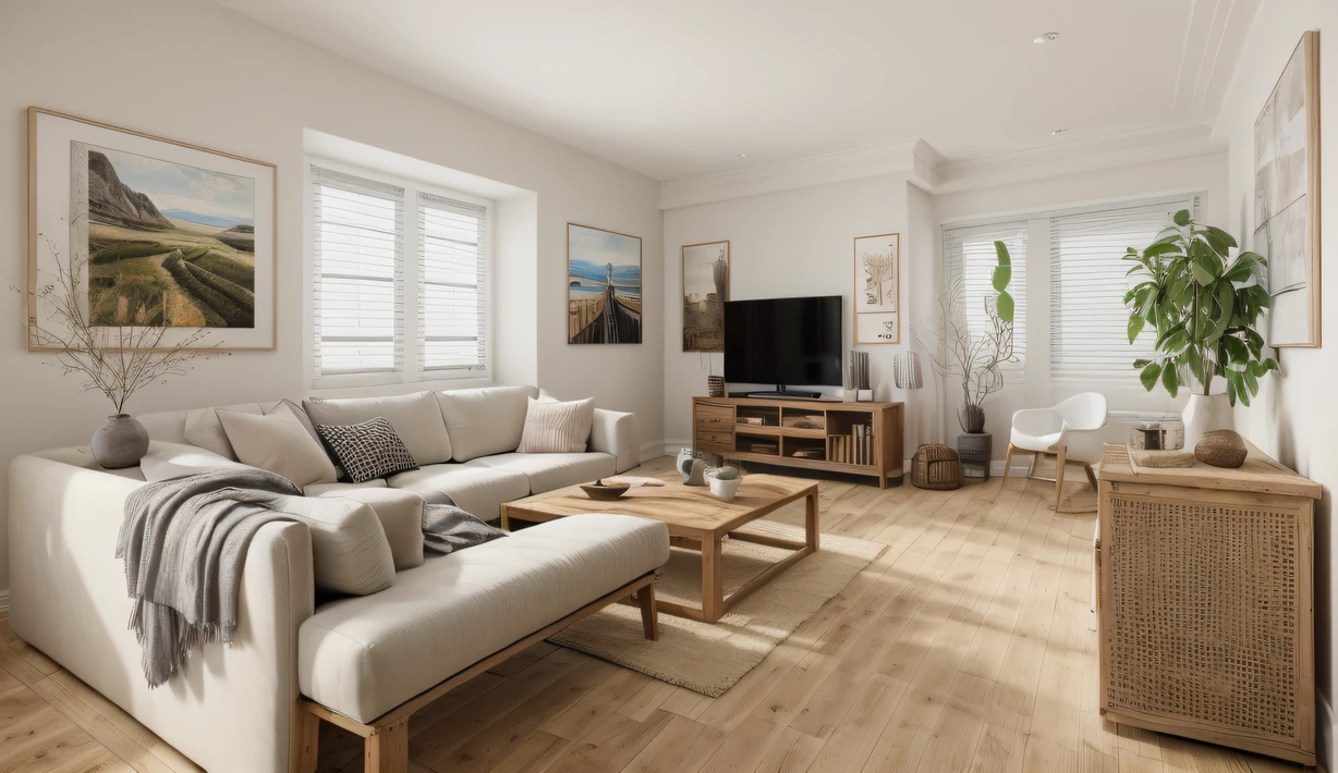 wabisabi livingroom interior, sofa, armchair, table, rug, wood floor, drapes, window, blind, white flat ceiling, stucco wall,natural light, softlight, (flat white ceiling),((masterpiece)), realistic, high quality, sunray,