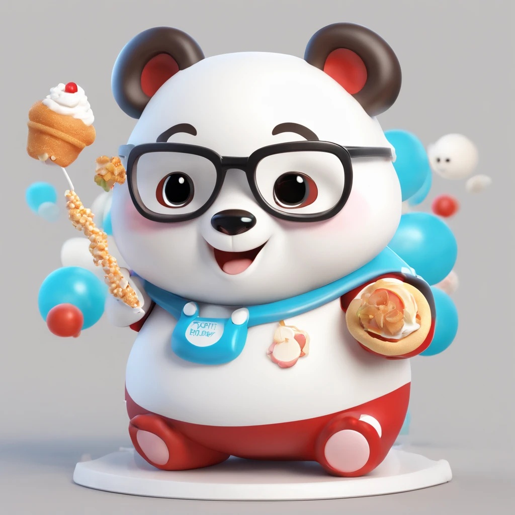 Pure white background, fat Panda doll eating junk foods , cute 3 d render, A cute 3D anime rendering, highly detailed character, Bubble Mart model doll, Cute detailed digital art, cute character, 3 d render stylized, soft 3d render, Stylized anime, Rendered in redshift, goggles, C4D, three sided view
