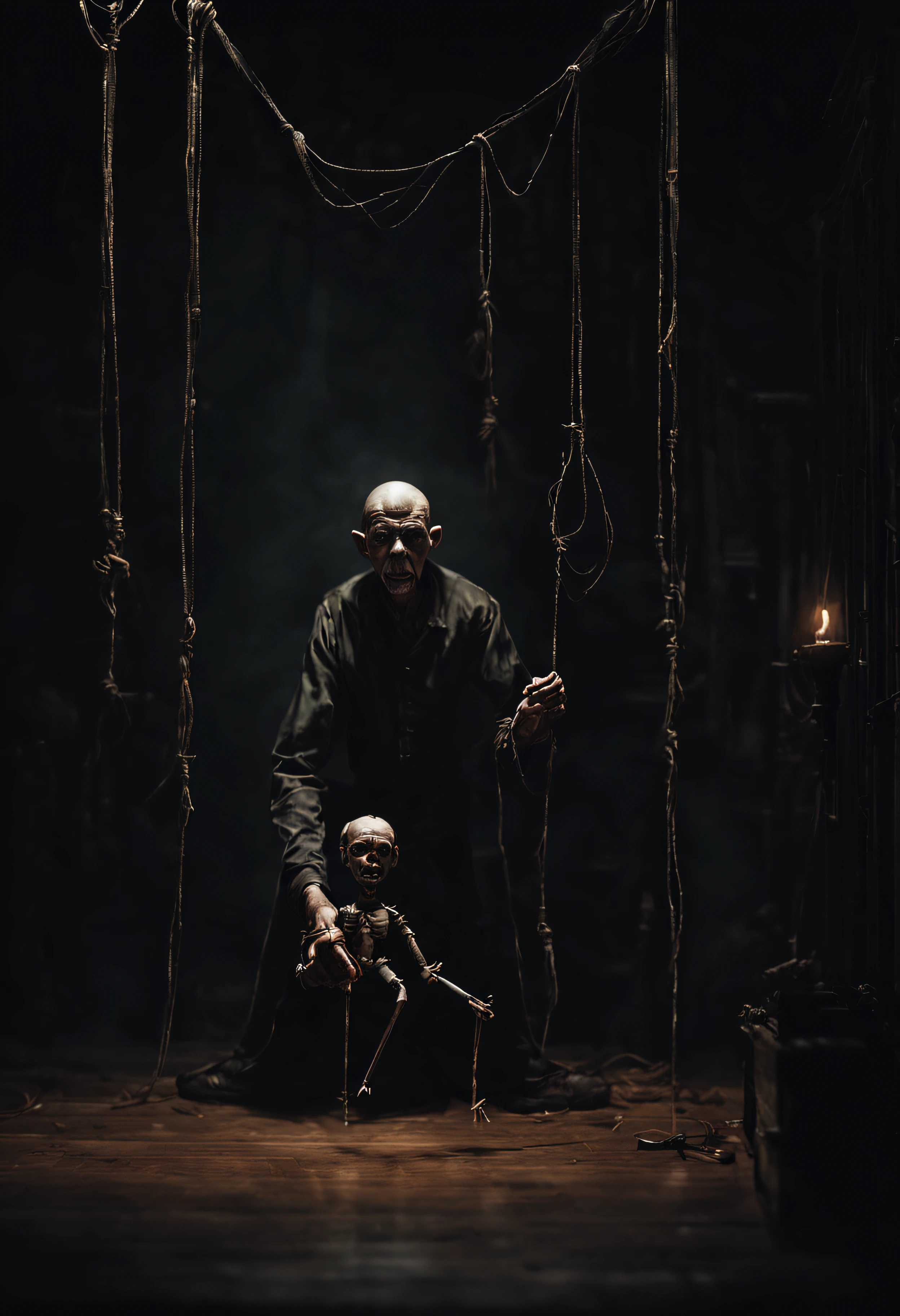 Craft an image of a puppetmaster whose creations have come to life, their hanging strings controlled by a sinister figure lurking in the shadows, pulling the strings of fate, ultra wide shot, fantasy horror art, photorealistic dark concept art, in style of dark fantasy art, detailed 4k horror artwork, stefan koidl inspired, ((stefan koidl))