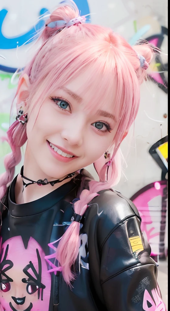 (ultra-detailliert), Black Psychedelic Shirt、Blue eyes,The upper part of the body、cowboy shot、18year old、faces、(A smile:1.5),(facing front:1.2),(masutepiece:1.3, Best Quality, Photorealistic, Ultra-detailed, High resolution, 8K Wallpaper), 1 beautiful girl, Beautiful face, Detailed face, Beautiful eyes, Detailed eyes, Looks fun、Smiling, earrings, Necklace, Only 1 person,Pink Hair Medium Hair, (Pink hair), Ear Hair, small tits, Single braid, (Single braid), (Side braid),on a stage, Spotlight, small tits、leather pant, Choker, (Graffiti:1.5), Paint Splatter, arms behind back, Against Wall, Looking at Viewer, arm band