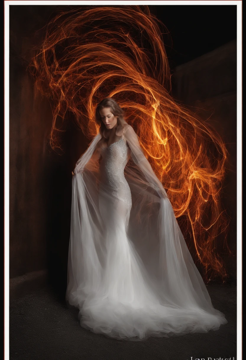 Bild einer Frau in einem roten Kleid mit langen, wallenden Haaren, digitale Kunst von Jan Rustem, flickr (englisch), Digitale Kunst, Langsamer Verschluss, diffuses Lightpainting, Langsam - Verschluss, Lightpainting Motion Blur, Lichteffekt. Weiblich, Flammen, wirbelnder Rauch strahlende Farben, Intricate images of superimposed flames, Flames around the body, slight blur, Wirbel aus Feuer