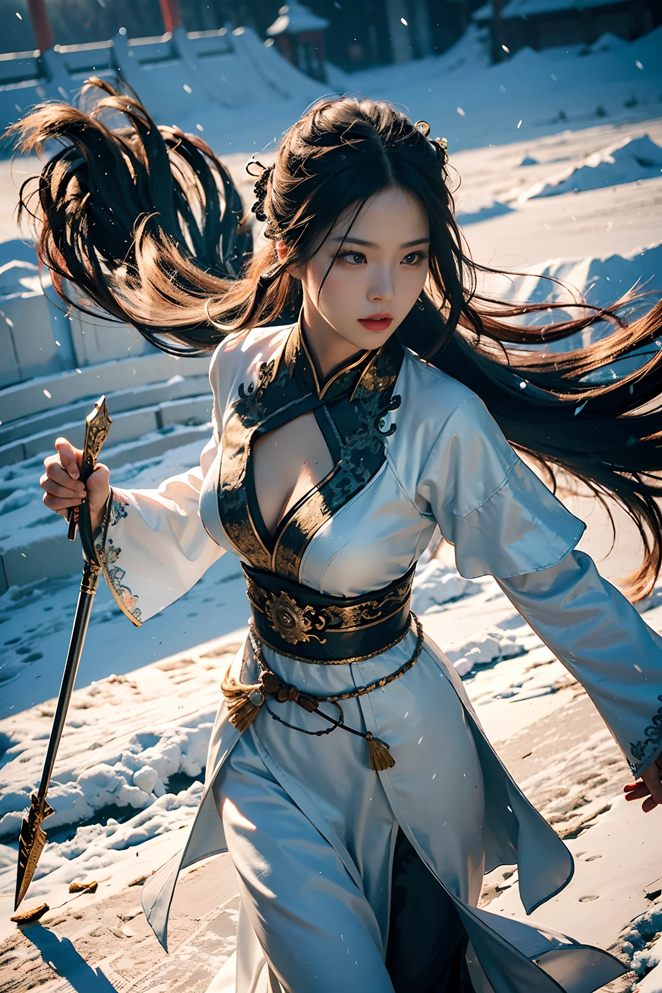 Best quality,masterpiece,ultra high res,(photorealistic:1.4),xiuxian,weapon,Detailed face,
1girl,solo,weapon,long hair,cleavage,long slit,(magic aura:1.2),xiuxian,upper body,Beautiful girl,full body,chinese architecture,snowing,