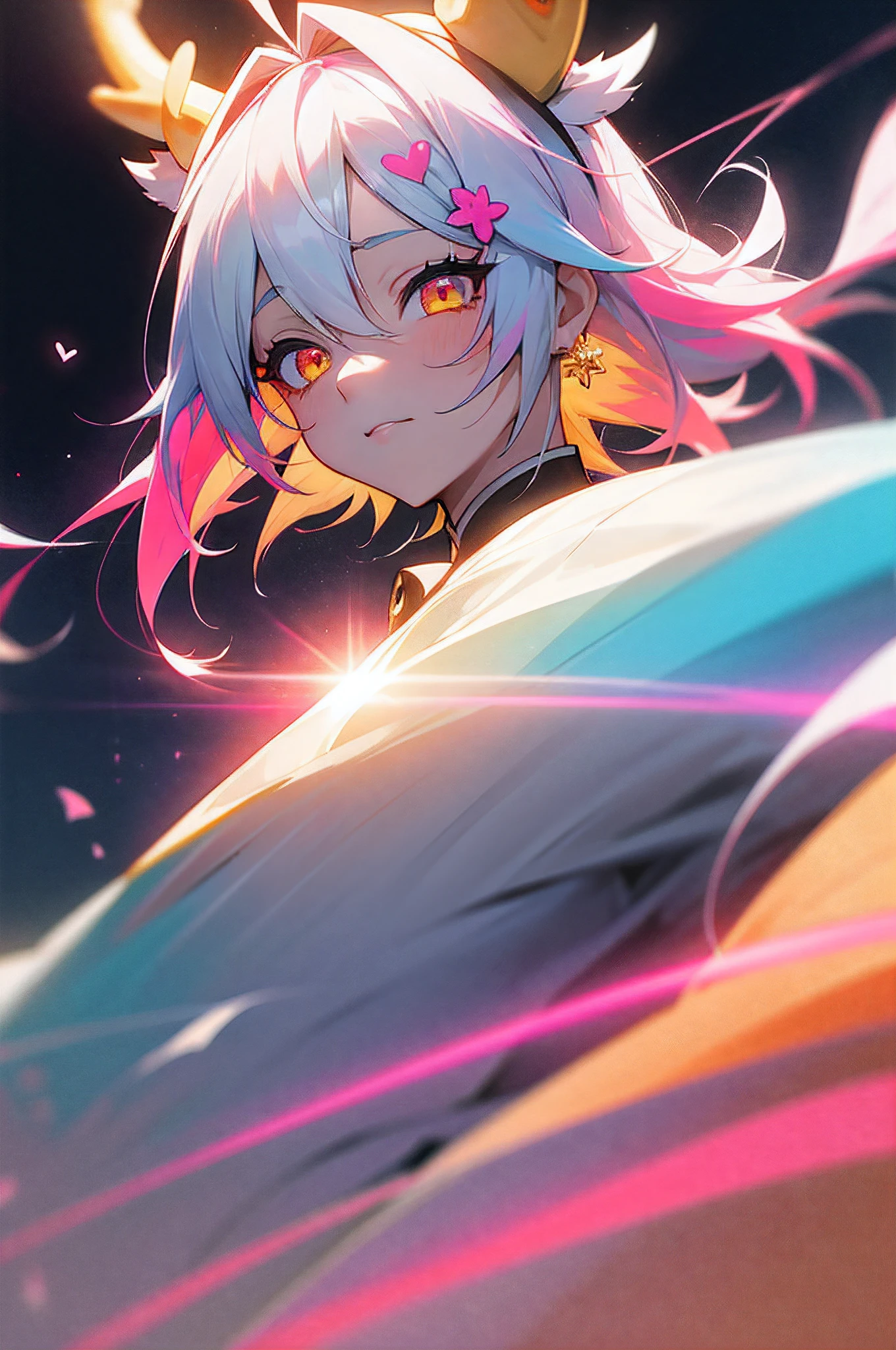 multicolored hair, white hair, light blue hair, pink hair, gradient hair, ahoge, hair over shoulder, heart ahoge, halo, clover hair ornament, antlers, lolita hairband, blue hairband, snowflake hair ornament, multicolored eyes, gradient eyes, gradient_eyes, red eyes, white eyes, yellow eyes, color contact lenses, orange eyes, pink eyes, amber eyes, fox ears, crystal earrings, oral invitation, anime style, Pixar, Minimalism, motion blur, god rays, backlighting, projected inset, close-up, lens flare, bokeh, 16k