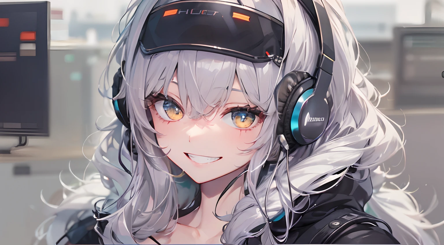 Woman using computer with big screen、silber hair、Semi-long hair、A smile,Wearing cool headphones,{{{{{{{{ Black Parker Oversize }}}}}}}},beautiful and delicate golden eyes,