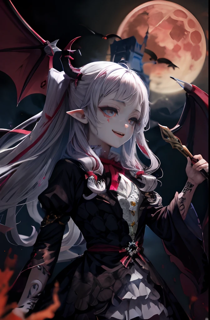 Dark Fantasy, (younggirl, Little beast, 1girl in, 独奏, Crazy smile, pale skin, ((Large tattoos all over the body))white  hair, eyes glowing red, Dynamic Angle, Vampires), (Get a vampire castle in the background), (Red Moon, Red sky), spiky_Ears, tusk、Demon Wings、Demon Horns、Blood on the face、Blood Rain、Blood fog、（depth of fields）、highcontrast、（blood splashing：1.4）、cowboy  shot、full body Esbian、Twin-tailed、teens girl、Looking at the camera、3 head body、icons、bustup