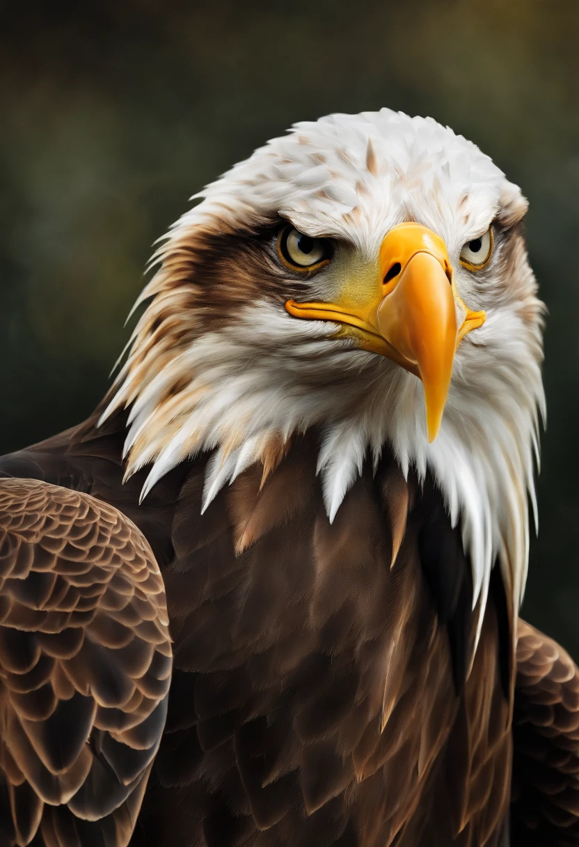 Painting of a bald eagle with a yellow beak and a brown body, airbrush digital oil painting, Eagle Head, head of an eagle, aquila, beak of an eagle, digital art oil painting, with the beak of an eagle, digital airbrush painting, eagle beak, foto de retrato, an eagle, Close portrait, olhar orgulhoso, painted in acrylic