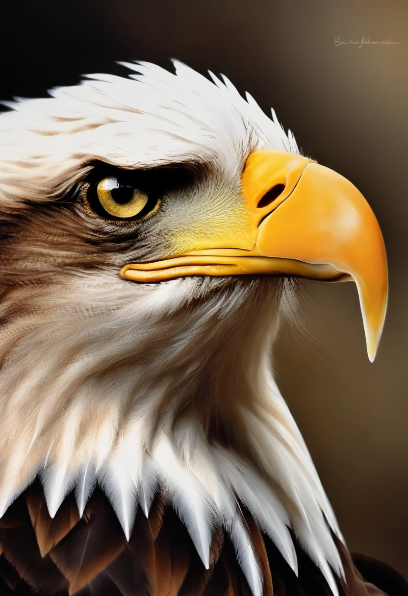 Painting of a bald eagle with a yellow beak and a brown body, airbrush digital oil painting, Eagle Head, head of an eagle, aquila, beak of an eagle, digital art oil painting, with the beak of an eagle, digital airbrush painting, eagle beak, foto de retrato, an eagle, Close portrait, olhar orgulhoso, painted in acrylic