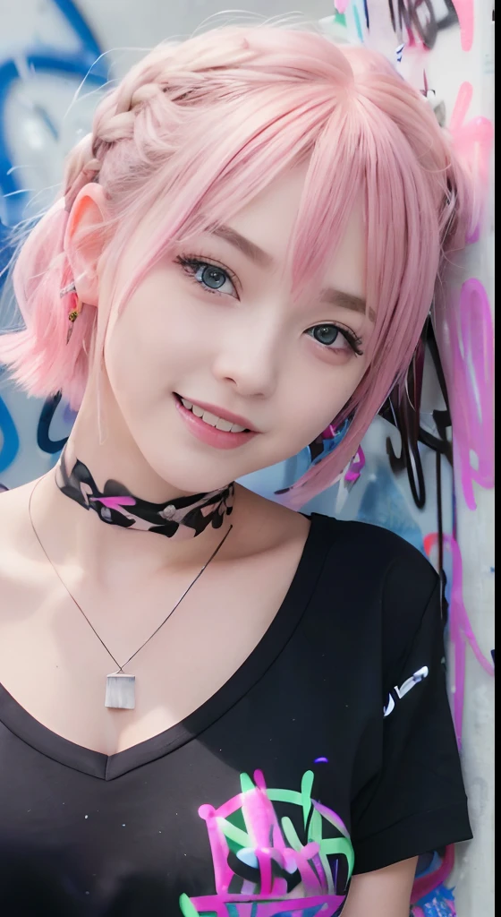 (ultra-detailliert), Black Psychedelic Shirt、Blue eyes,The upper part of the body、up close shot、18year old、faces、(A smile:1.5),(facing front:1.2),(masutepiece:1.3, Best Quality, Photorealistic, Ultra-detailed, High resolution, 8K Wallpaper), 1 beautiful girl, Beautiful face, Detailed face, Beautiful eyes, Detailed eyes, Looks fun、Smiling, earrings, Necklace, Only 1 person,Pink Hair Medium Hair, (Pink hair), Ear Hair, small tits, Single braid, (Single braid), (Side braid),on a stage, Spotlight, small tits、leather pant, Choker, (Graffiti:1.5), Paint Splatter, arms behind back, Against Wall, Looking at Viewer, arm band