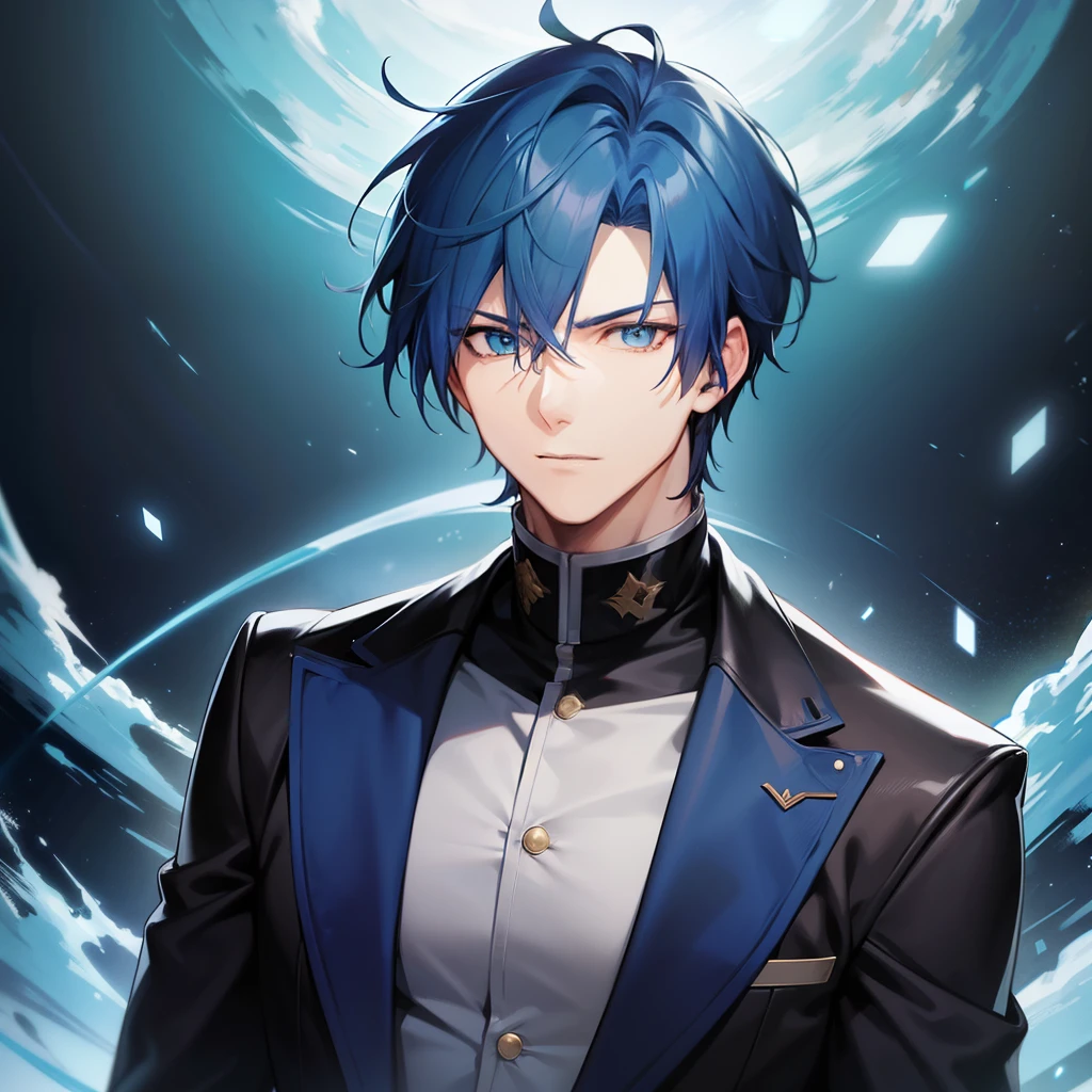 a handsome anime guy,, blue hair, blue eyes, stoic, cool, , popular, short hair, human