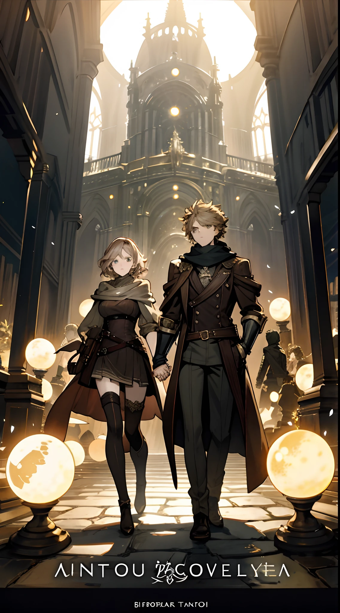 a couple of anime characters standing next to each other, octopath traveler, romance book cover, boris valejo. octopath traveler, octopath traveller style, hands holding big glowing orbs, artbook artwork, full art illustration, official art, official artwork hdr, promotional art, character album cover, light novel cover art, official artwork, romance novel cover