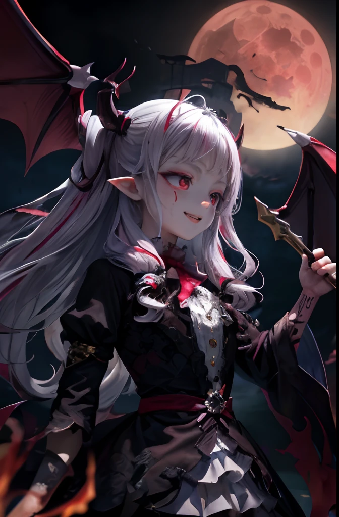 Dark Fantasy, (younggirl, Little beast, 1girl in, 独奏, Crazy smile, pale skin, ((Large tattoos all over the body))white  hair, eyes glowing red, Dynamic Angle, Vampires), (Get a vampire castle in the background), (Red Moon, Red sky), spiky_Ears, tusk、Demon Wings、Demon Horns、Blood on the face、Blood Rain、Blood fog、（depth of fields）、highcontrast、（blood splashing：1.4）、cowboy  shot、full body Esbian、Twin-tailed、teens girl、Looking at the camera、3 head body、icons、bustup