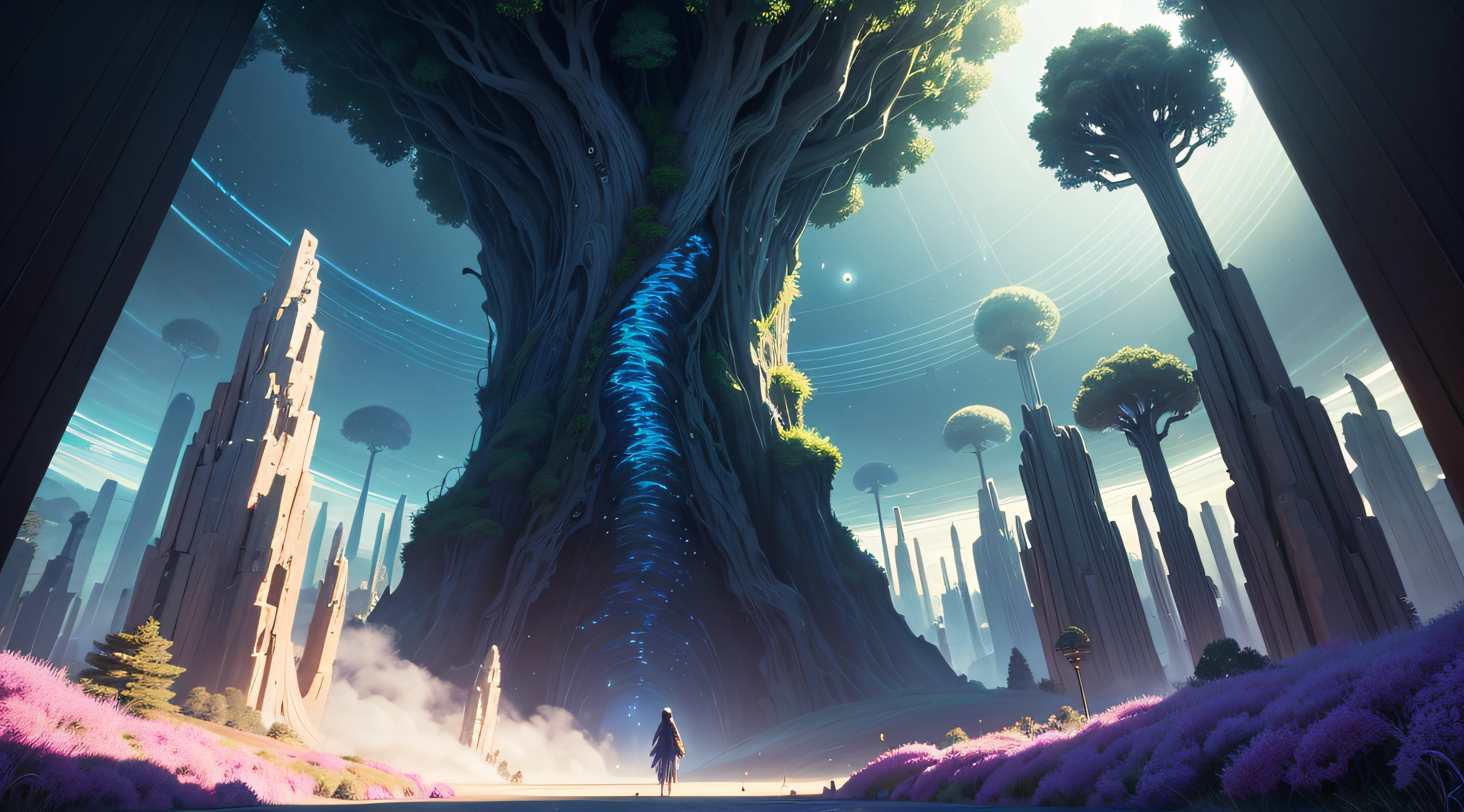 **(masterpiece), (best quality), (ultra-detailed), A whimsical, surreal dreamscape where digital and organic worlds collide. Imagine an expansive, open meadow under a sky transitioning from dusk to night, with half-pixelated clouds and twinkling, low-poly stars. Sprites of classic 8-bit characters frolic with ethereal, translucent creatures inspired by folklore and mythology, such as faeries and spirits. In this collision of worlds, the flora is a blend of lush, hyperrealistic plants and low-resolution, voxel-based trees and flowers, creating a mesmerizing contrast. A prominent, majestic willow tree at the center acts as a nexus, its leaves a cascade of sparkling LED lights, its trunk a sleek, polished monolith of obsidian. In the style of Yoko Honda meets Roger Dean, blend the vibrant, geometric retro-futurism with the flowing, organic fantasy. Think of a juxtaposition of sharp, digital angles with smooth, natural curves, illuminated by a radiant, neon palette against the velvet, indigo night sky. For a tangible sense of depth and reality, render using Unreal Engine 5, employing its advanced lighting and atmospheric effects to make the scene pulsate with life and energy. This visual symphony is captured from a slightly tilted, Dutch angle, providing a sense of imbalance and otherworldliness, with the horizon line skewed, making the viewer feel as though they've entered a space where the ordinary rules don't apply**