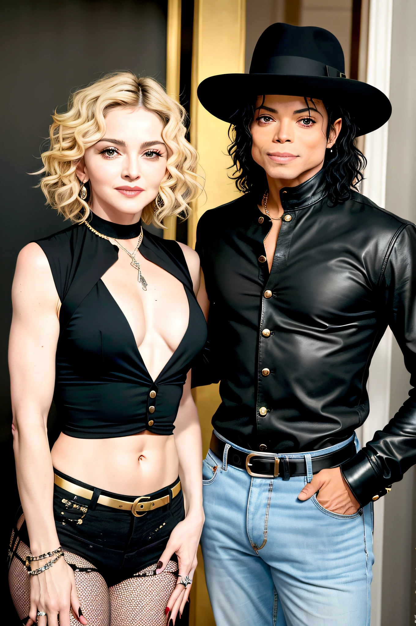 Madonna e Michael Jackson lado a lado, (fotorrealista: 1.4) (ultra-detalhado) (corpo inteiro), coroa, popstar, cena de filme (preto e prata), brilhos, esplendor, riqueza, nobreza, rei e rainha