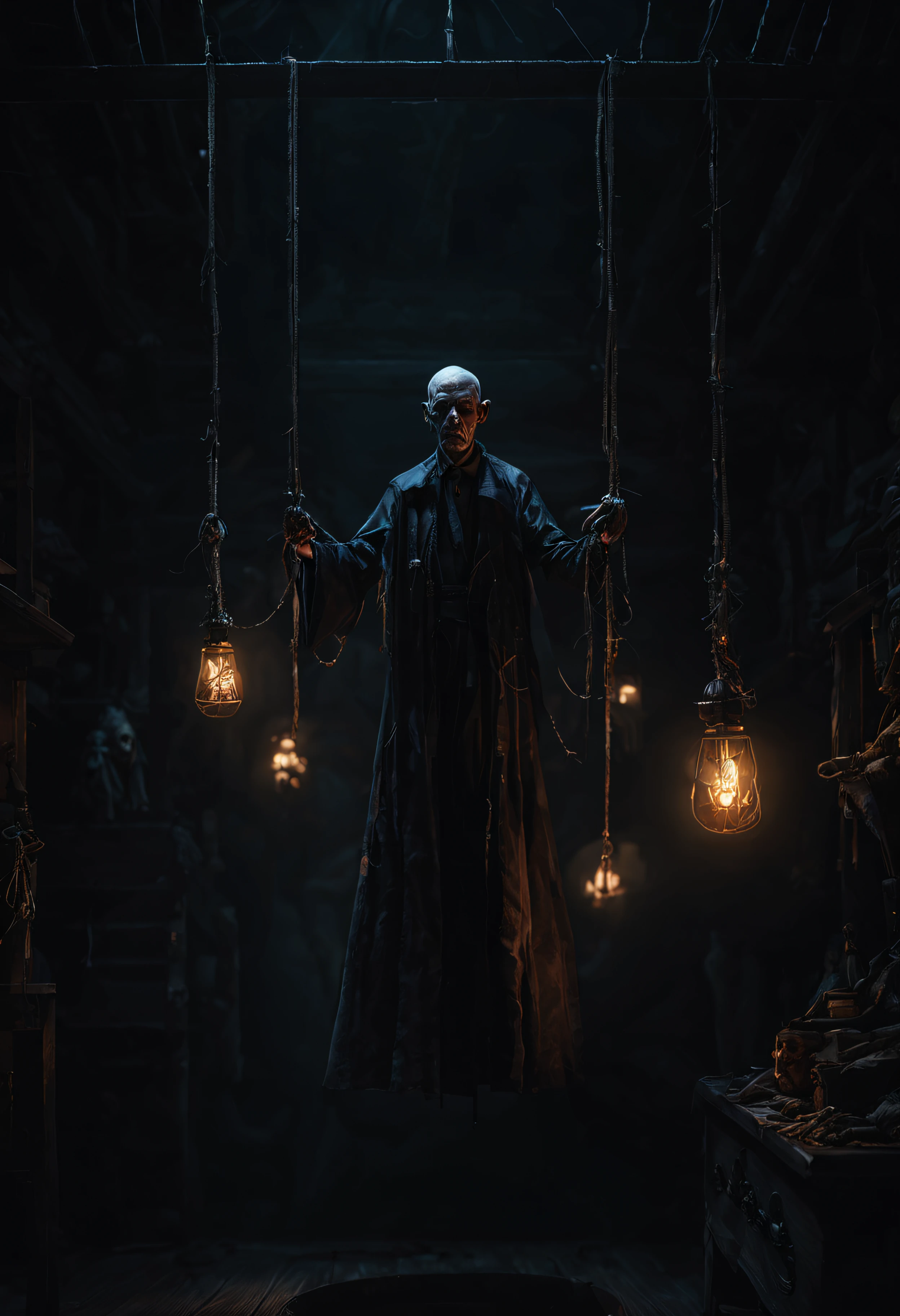 Craft an image of a puppetmaster whose creations have come to life, their hanging strings controlled by a sinister figure lurking in the shadows, pulling the strings of fate, ultra wide shot, fantasy horror art, photorealistic dark concept art, in style of dark fantasy art, detailed 4k horror artwork, stefan koidl inspired, ((stefan koidl))
