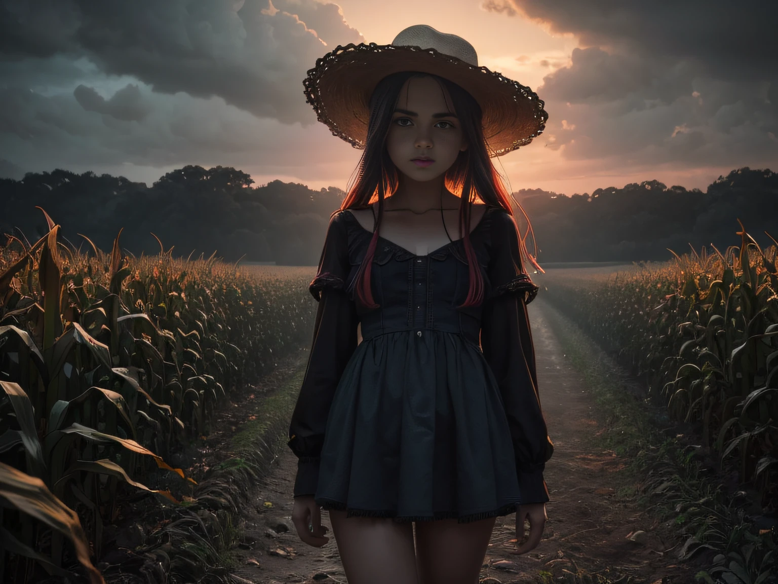 ((horror genre)) illustration, ((paleta de cores vibrantes)), ((dynamic linework)), ((exaggerated expressions)), ((sombreamento detalhado)): A pequena jovem, retratado sem roupas com belas pernas e peitos pequenos com ((dramatic expressions)), um ((Gloomy atmospheric scenery)), in a corn field on a bloody night of horror movie and ((uma paleta de cores marcante)).