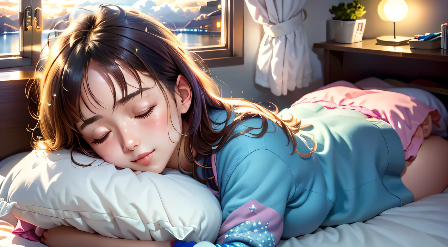 colorful、on clouds、kosmos、evening, Big Moon in window、shining stars, realistic、Girl sleeping on her back on the bed、closed eyes, hugging pillow、超A high resolution