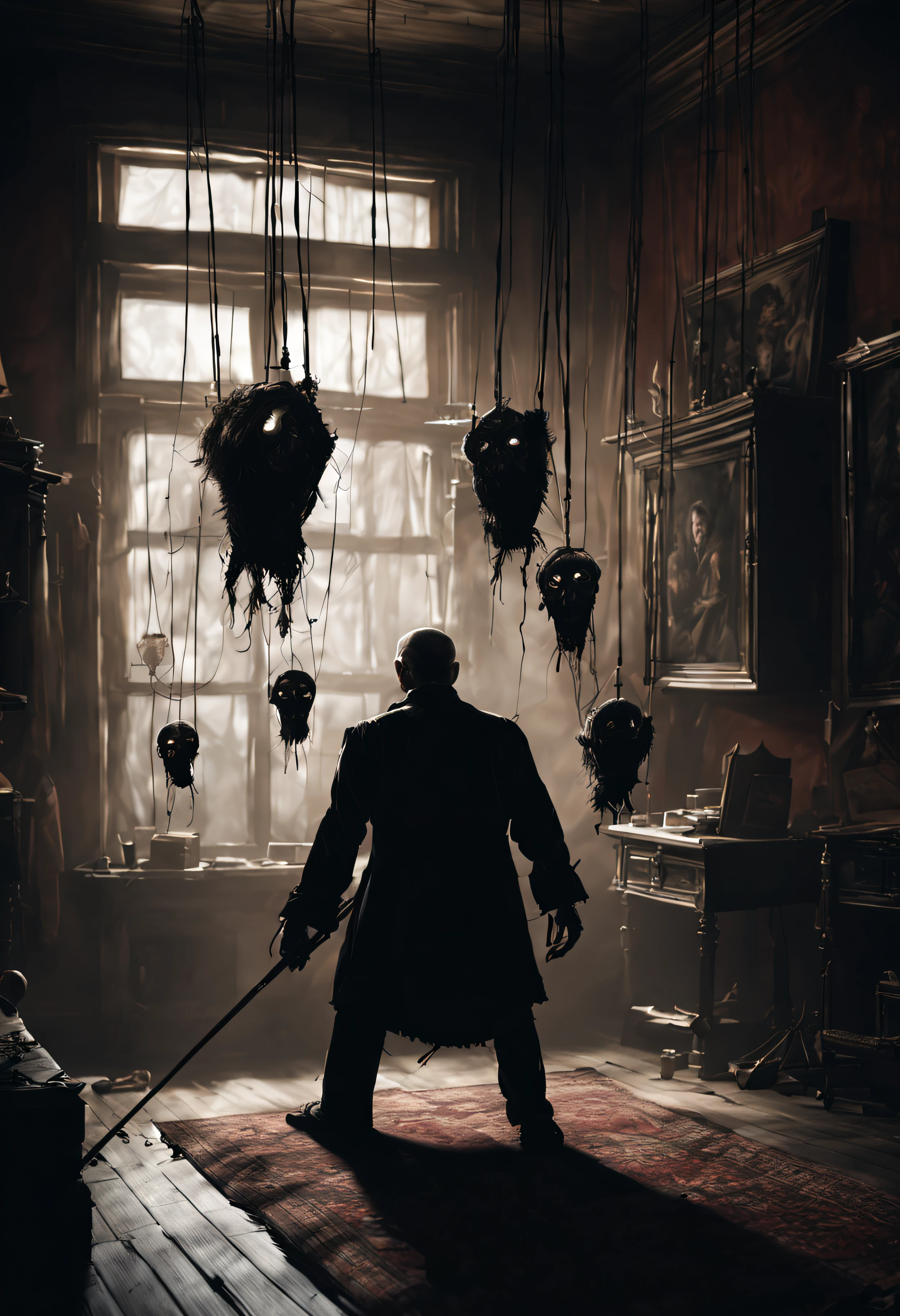 Craft an image of a puppetmaster whose creations have come to life, their hanging strings controlled by a sinister figure lurking in the shadows, pulling the strings of fate, ultra wide shot, fantasy horror art, photorealistic dark concept art, in style of dark fantasy art, detailed 4k horror artwork, stefan koidl inspired, ((stefan koidl))