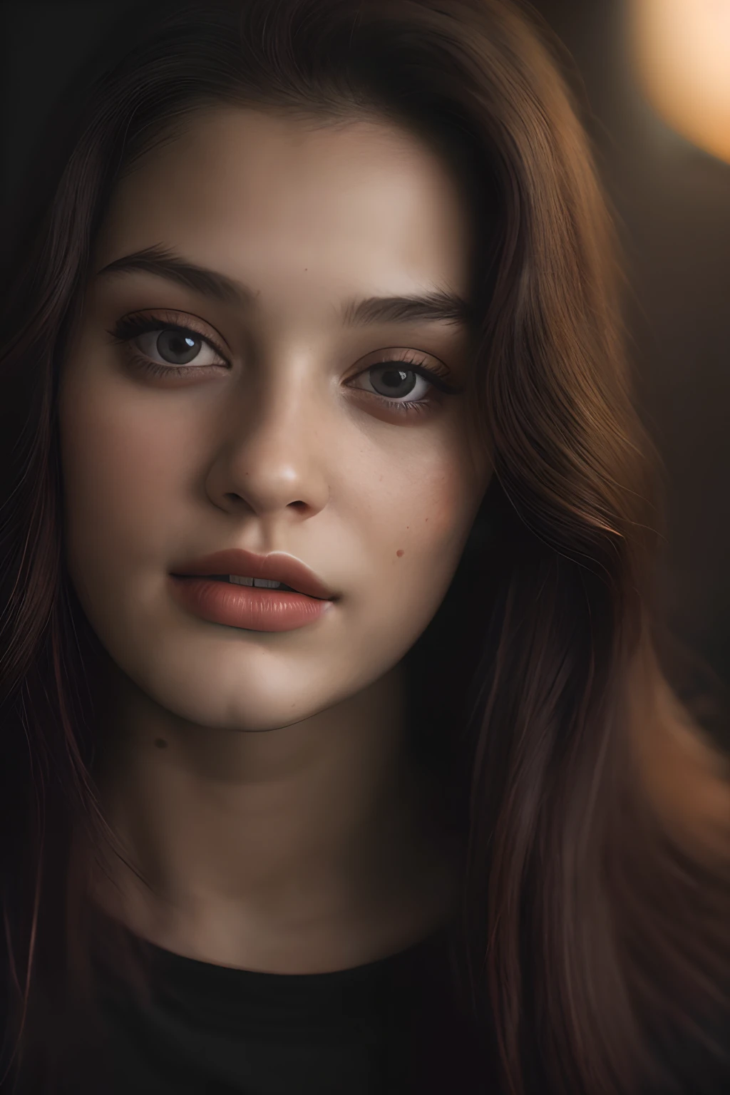 (close-up, editorial photograph of a 21 year old woman), (highly detailed face:1.4) (smile:0.7) (background inside dark, moody, private study:1.3) POV, by lee jeffries, nikon d850, film stock photograph ,4 kodak portra 400 ,camera f1.6 lens ,rich colors ,hyper realistic ,lifelike texture, dramatic lighting , cinestill 800,