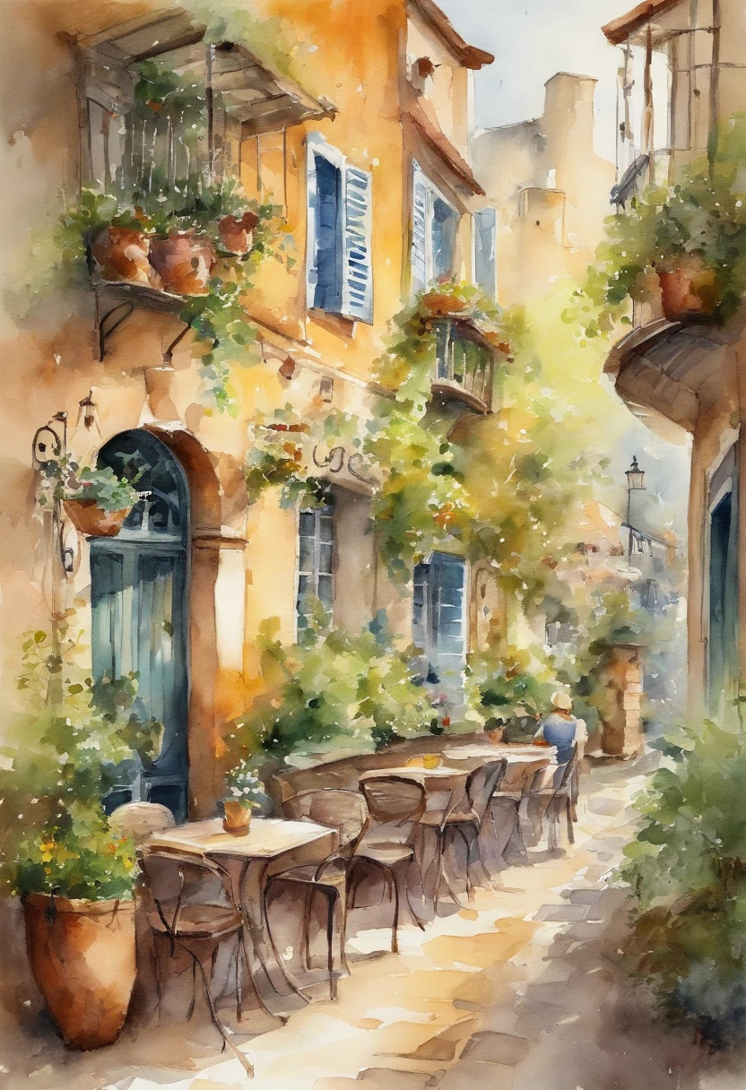 Ghibli style、Europe、adult lady、Rear、Cafe terrace seating、Morning moment