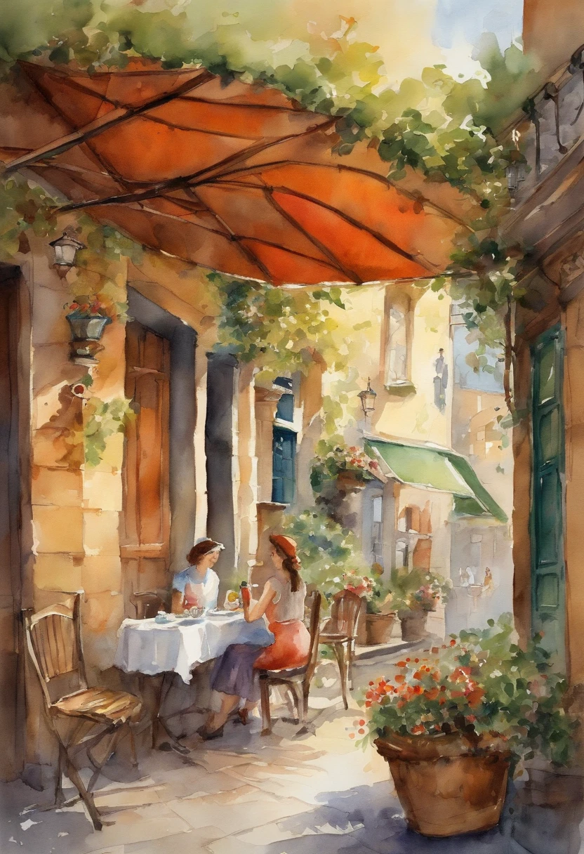 Ghibli style、Europe、adult lady、Rear、Cafe terrace seating、Morning moment