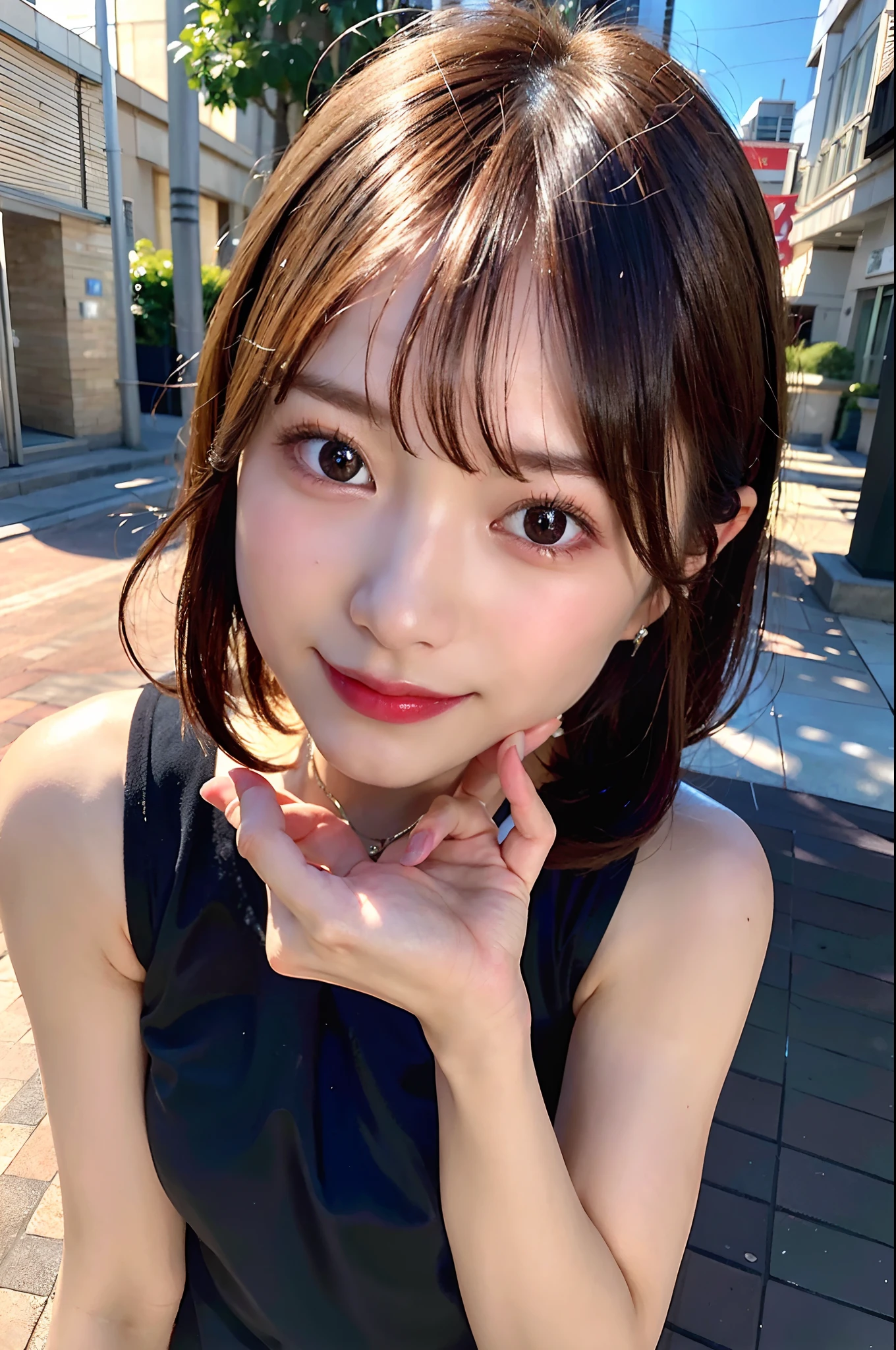 (top-quality、8K、32K、masuter piece、nffsw:1.2)、Cute Japan Girl、女の子1人、bobhair、profile、(slim figure:1.2)、(s lips) 、（Black hair）、二重まぶた、shinny skin、Realistic rays、mare、beauitful face、(A smile:1.3)、crouching down、(From  above:1.2)、(a closeup:1.4)、Tank tops、blurry backround、(Front Focus)、(Dark: 1.6)、Fantasy Art、photoRealstic、Professional Lighting、extra detailed face、Award-winning、deep-shadows、
