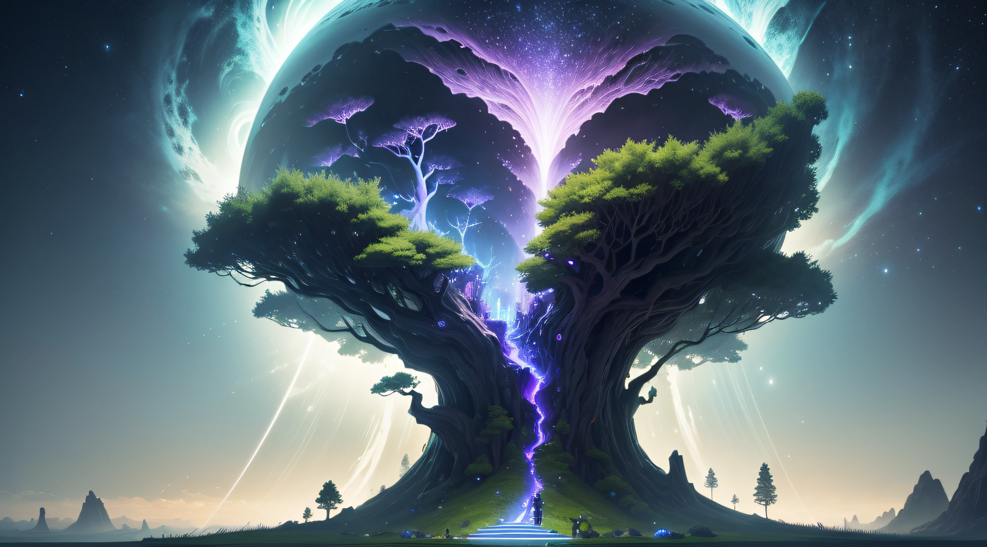 **(masterpiece), (best quality), (ultra-detailed), A whimsical, surreal dreamscape where digital and organic worlds collide. Imagine an expansive, open meadow under a sky transitioning from dusk to night, with half-pixelated clouds and twinkling, low-poly stars. Sprites of classic 8-bit characters frolic with ethereal, translucent creatures inspired by folklore and mythology, such as faeries and spirits. In this collision of worlds, the flora is a blend of lush, hyperrealistic plants and low-resolution, voxel-based trees and flowers, creating a mesmerizing contrast. A prominent, majestic willow tree at the center acts as a nexus, its leaves a cascade of sparkling LED lights, its trunk a sleek, polished monolith of obsidian. In the style of Yoko Honda meets Roger Dean, blend the vibrant, geometric retro-futurism with the flowing, organic fantasy. Think of a juxtaposition of sharp, digital angles with smooth, natural curves, illuminated by a radiant, neon palette against the velvet, indigo night sky. For a tangible sense of depth and reality, render using Unreal Engine 5, employing its advanced lighting and atmospheric effects to make the scene pulsate with life and energy. This visual symphony is captured from a slightly tilted, Dutch angle, providing a sense of imbalance and otherworldliness, with the horizon line skewed, making the viewer feel as though they've entered a space where the ordinary rules don't apply**