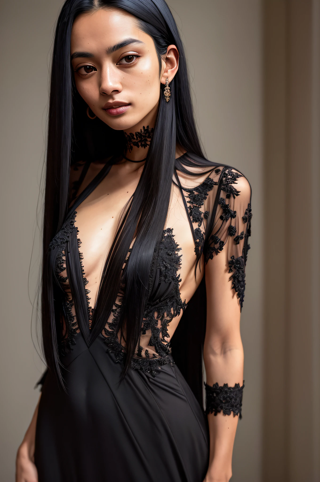 photographic portrait of a beautiful woman, (long straight black hair, slim body), (evening dress: 1.2), ultra detailed face, insanely detailed, high quality, skin texture, ultra detailed skin, highres, intricate details, (cinematic lighting), RAW photo, 8k uhd, dslr, hdr, film grain, Fujifilm XT3, gloomy, dark night, depth of field, rim lighting, two-tone lighting, dim light, low key
