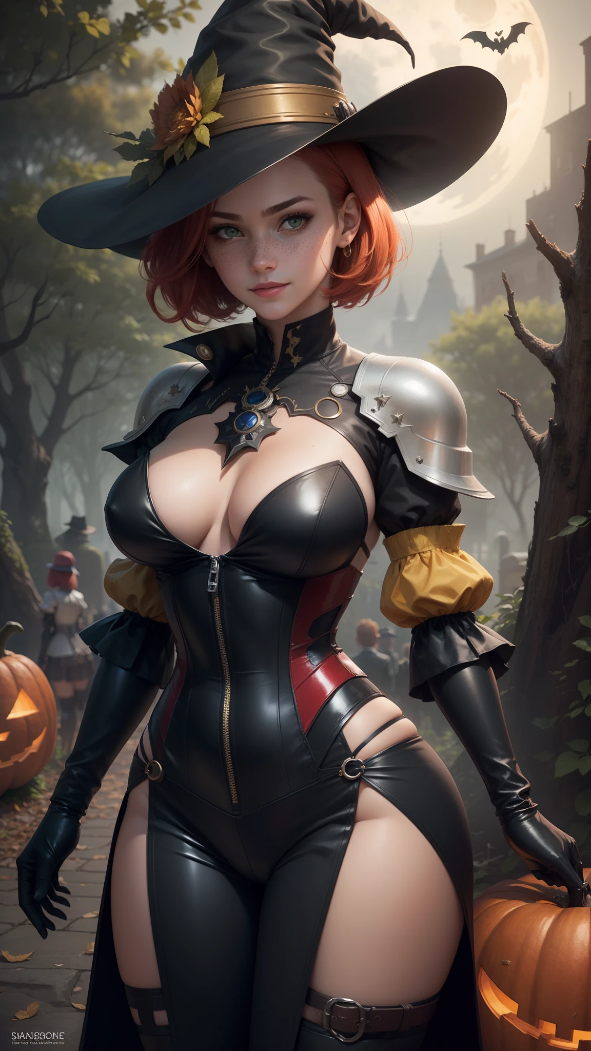 gwen tennyson,tracer,yorha 2b,rebecca chambers,atelier ryza,nier automata,1girl, close up,mecha pilot,halloween forest, golden and red plugsuit,hair pin,pirate corset,silver long sleeve lycra top,steel leggings,short hair,cute makeup, green eyes,red and gold hair,shy smile, freckles,redhead,beautiful girl,large breasts,ultra detailed,realistic,fantasy art,long victorian dress,steel armor, halloween pumpkin,moonlight,witch cloak,neck and head jewelry,witch hat, witch staff,