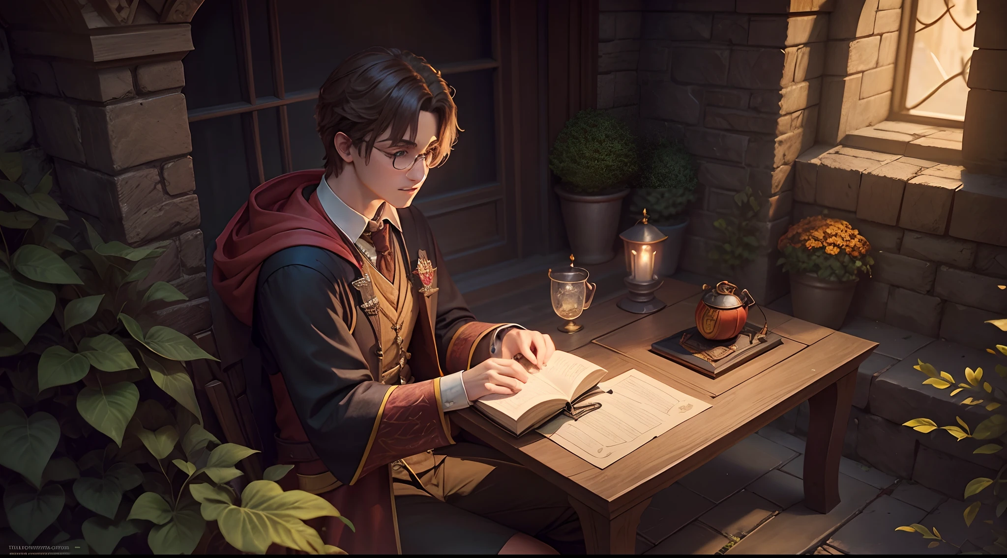 In Harry Potter style, In Hogwarts Legacy Game Style, one male Hogwarts Student from Gryffindor, sitting on the garden of Castle of Hogwarts, listening to music on Headphone, and holding a Nintendo switch, playing video game, wearing hogwarts student from victorian age. Autumn Time, lofi. Style of digital painting, great lightning