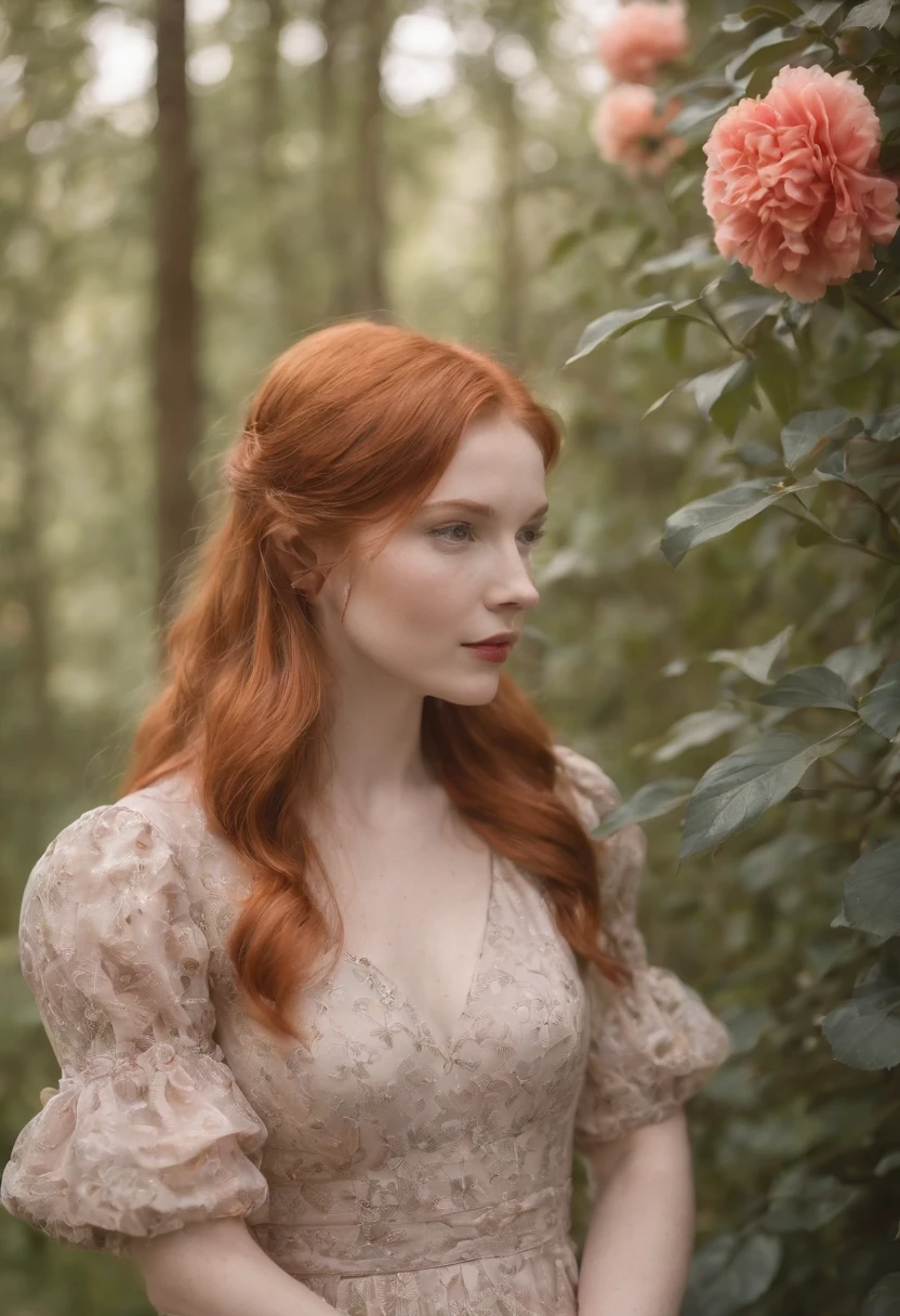 Portrait focused realistic photography of redhead girl pale ginger orange in the forest with medium dress and medium puff sleeves black flowery and prints of orange carnations and red roses. Sipping tea in the middle of the garnet forest and jasmine gardenias trees around, pinheiros ao fundo. Medium Warm Lights Autumn Spring