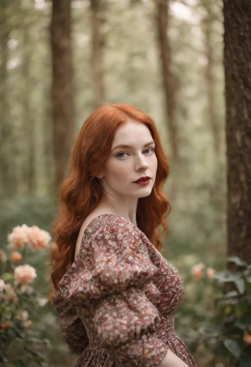 Portrait focused realistic photography of redhead girl pale ginger orange in the forest with medium dress and medium puff sleeves black flowery and prints of orange carnations and red roses. Sipping tea in the middle of the garnet forest and jasmine gardenias trees around, pinheiros ao fundo. Medium Warm Lights Autumn Spring