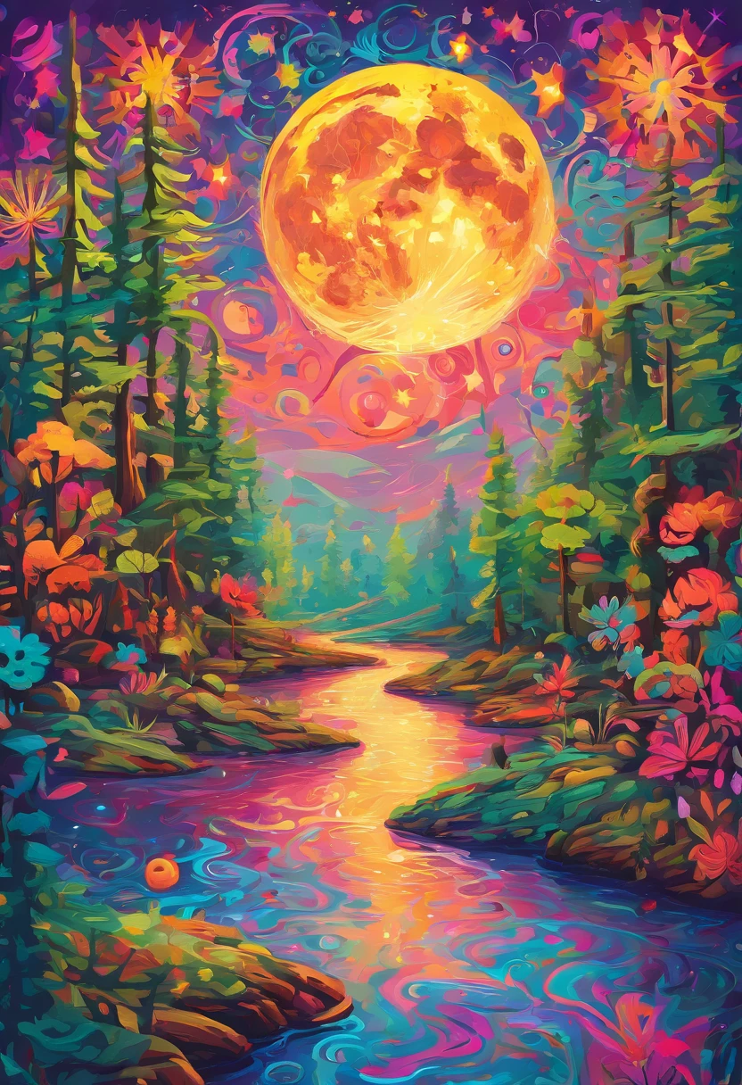 Full moon，A river of colorful stars emerging from the full moon，Exudes a dreamy glow，The forest is shrouded in a layer of mist