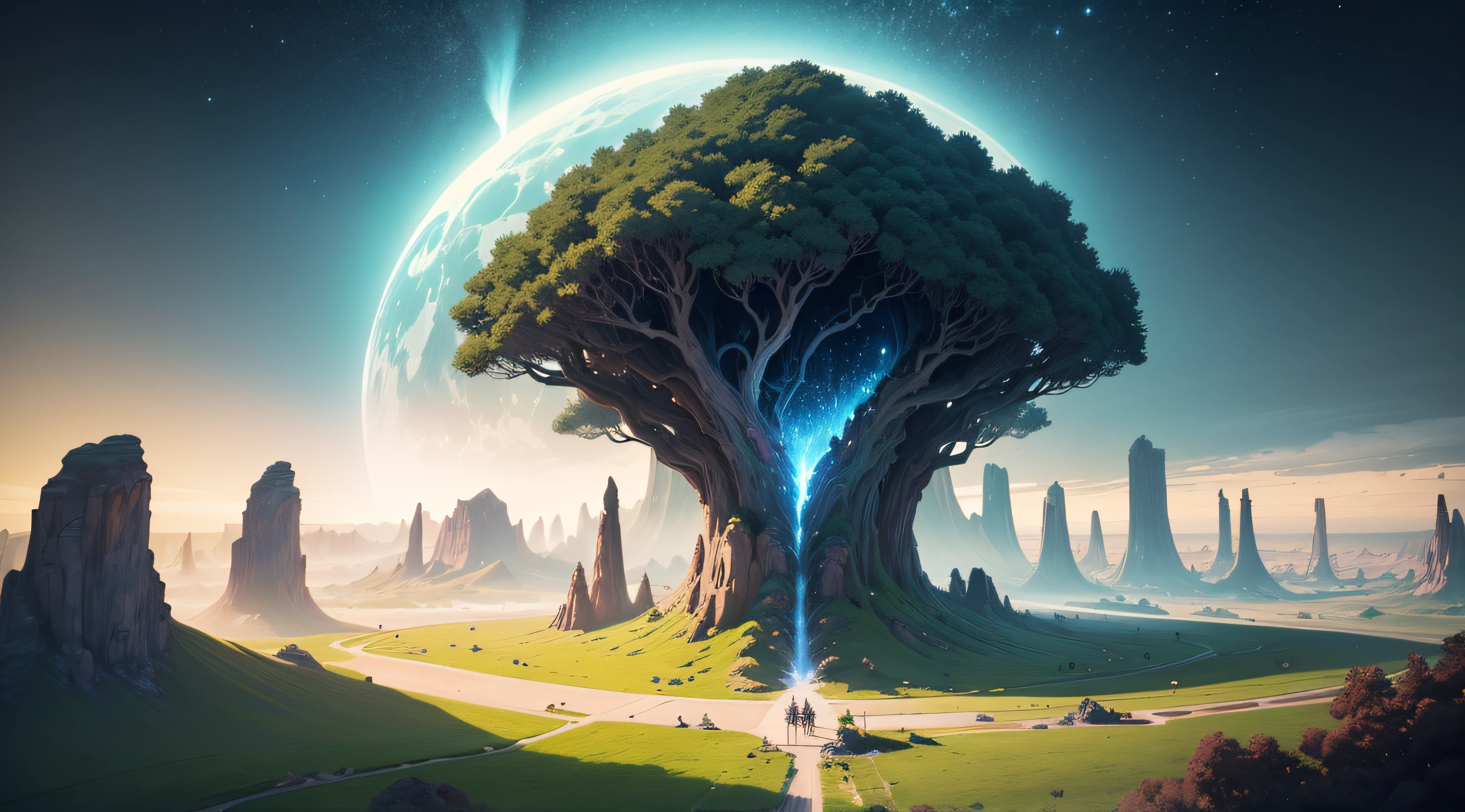 **(masterpiece), (best quality), (ultra-detailed), A whimsical, surreal dreamscape where digital and organic worlds collide. Imagine an expansive, open meadow under a sky transitioning from dusk to night, with half-pixelated clouds and twinkling, low-poly stars. Sprites of classic 8-bit characters frolic with ethereal, translucent creatures inspired by folklore and mythology, such as faeries and spirits. In this collision of worlds, the flora is a blend of lush, hyperrealistic plants and low-resolution, voxel-based trees and flowers, creating a mesmerizing contrast. A prominent, majestic willow tree at the center acts as a nexus, its leaves a cascade of sparkling LED lights, its trunk a sleek, polished monolith of obsidian. In the style of Yoko Honda meets Roger Dean, blend the vibrant, geometric retro-futurism with the flowing, organic fantasy. Think of a juxtaposition of sharp, digital angles with smooth, natural curves, illuminated by a radiant, neon palette against the velvet, indigo night sky. For a tangible sense of depth and reality, render using Unreal Engine 5, employing its advanced lighting and atmospheric effects to make the scene pulsate with life and energy. This visual symphony is captured from a slightly tilted, Dutch angle, providing a sense of imbalance and otherworldliness, with the horizon line skewed, making the viewer feel as though they've entered a space where the ordinary rules don't apply**