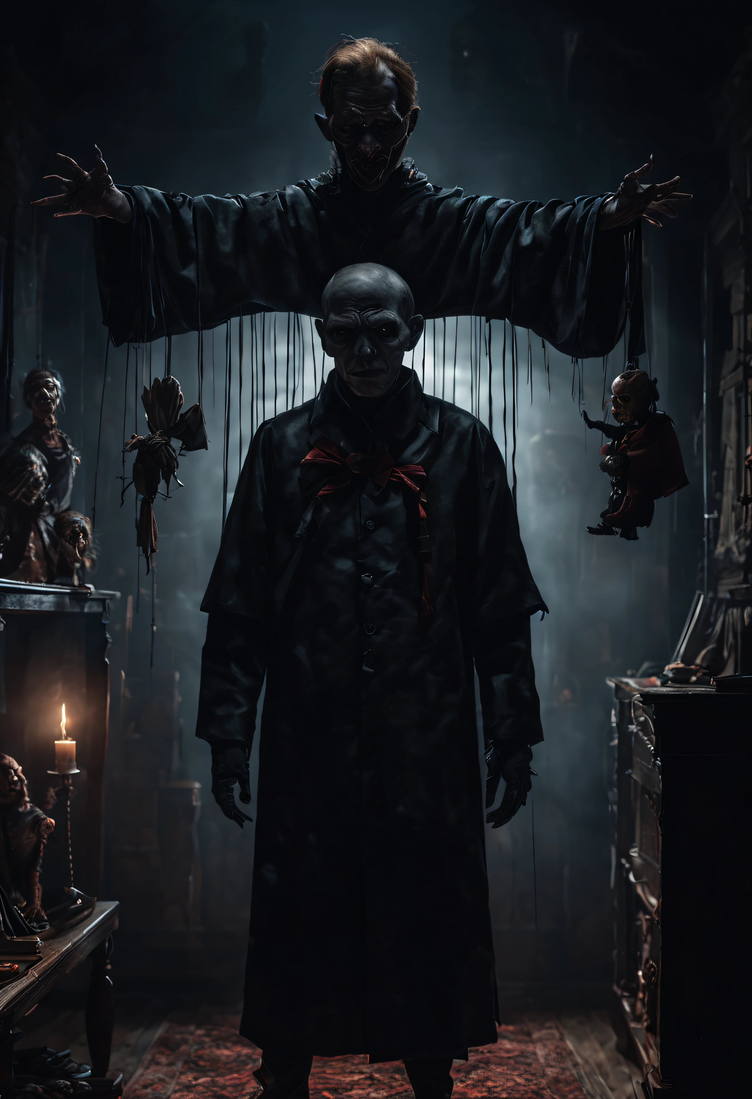 Craft an image of a puppetmaster whose creations have come to life, their strings controlled by a sinister figure lurking in the shadows, pulling the strings of fate, ultra wide shot, fantasy horror art, photorealistic dark concept art, in style of dark fantasy art, detailed 4k horror artwork, stefan koidl inspired, ((stefan koidl))