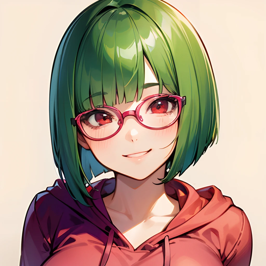 1girl, short green hair, bob cut, blunt bangs, glasses, red eyes, pink hoodie, medium breast, cheerfull smile, solo, best quality, masterpiece, portrait, simple background, looking at the camera, from the front, 1result, vibrant, detailed, perfect anatomy, detailed art, high definition, 4k, high resolution