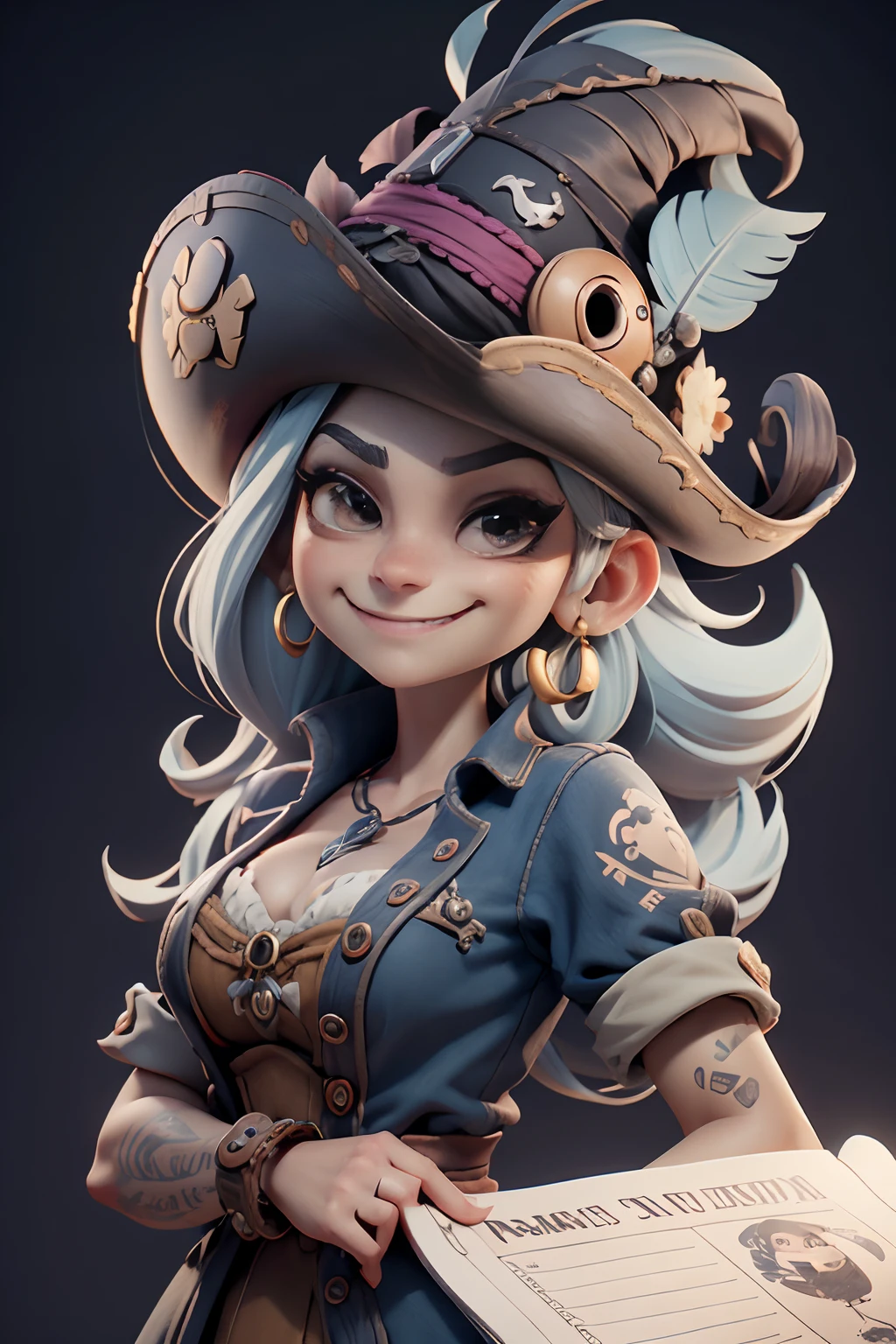 Development of animated characters in the style of 3D Pixar, Different facial expressions of a cheerful pirate woman in a wide hat with feathers, tattoo on the arm, Character Sheet, Drawing, Реалистичный 3D-рендеринг, high resolution texture, dramatic  lighting, Expressive Caricature, Different facial expressions with a smirk, dramatic, A Rich Perspective. a closeup of a.