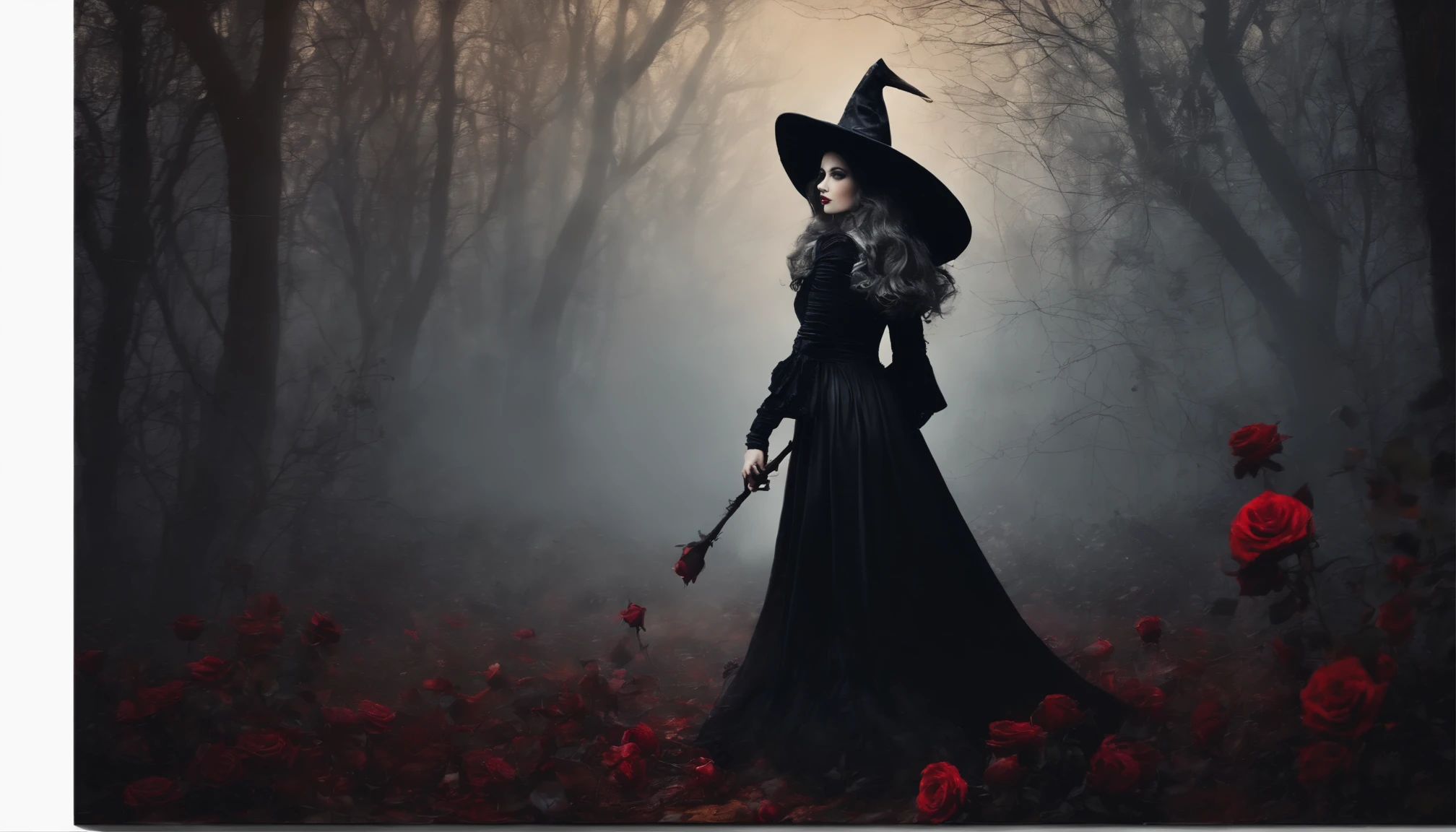 Pintura ART de pared, Dark Gothic Halloween Style Vintage. Design of an evil young witch in a dark fog forest filled with black withered roses.