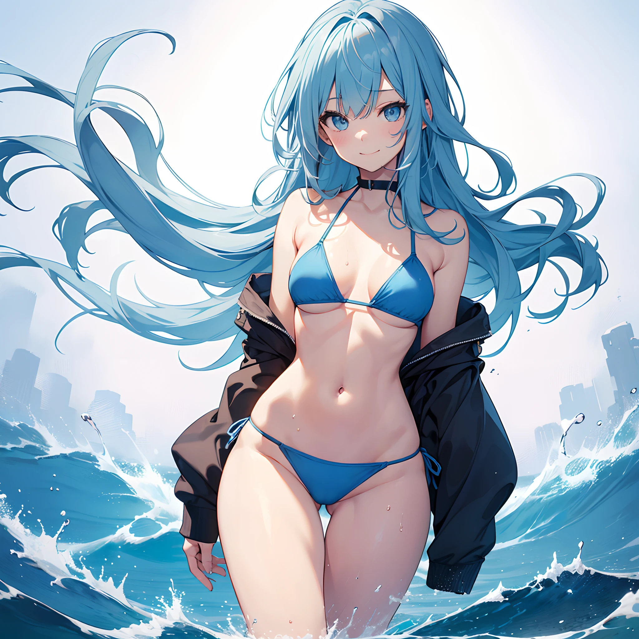 1womanl, Solo, 24 year old, (cute  face), ((Composition from head to thigh)), blue long hair, Light blue bikini, T back bikini, Drenched hair, Sexy body, Wet, Smile, small tits, slenderness, Small buttocks, One-person viewpoint, masutepiece, ((Anatomically correct))