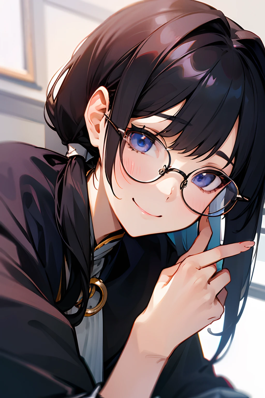 femele、A dark-haired、poneyTail、wears glasses、Smile coolly、