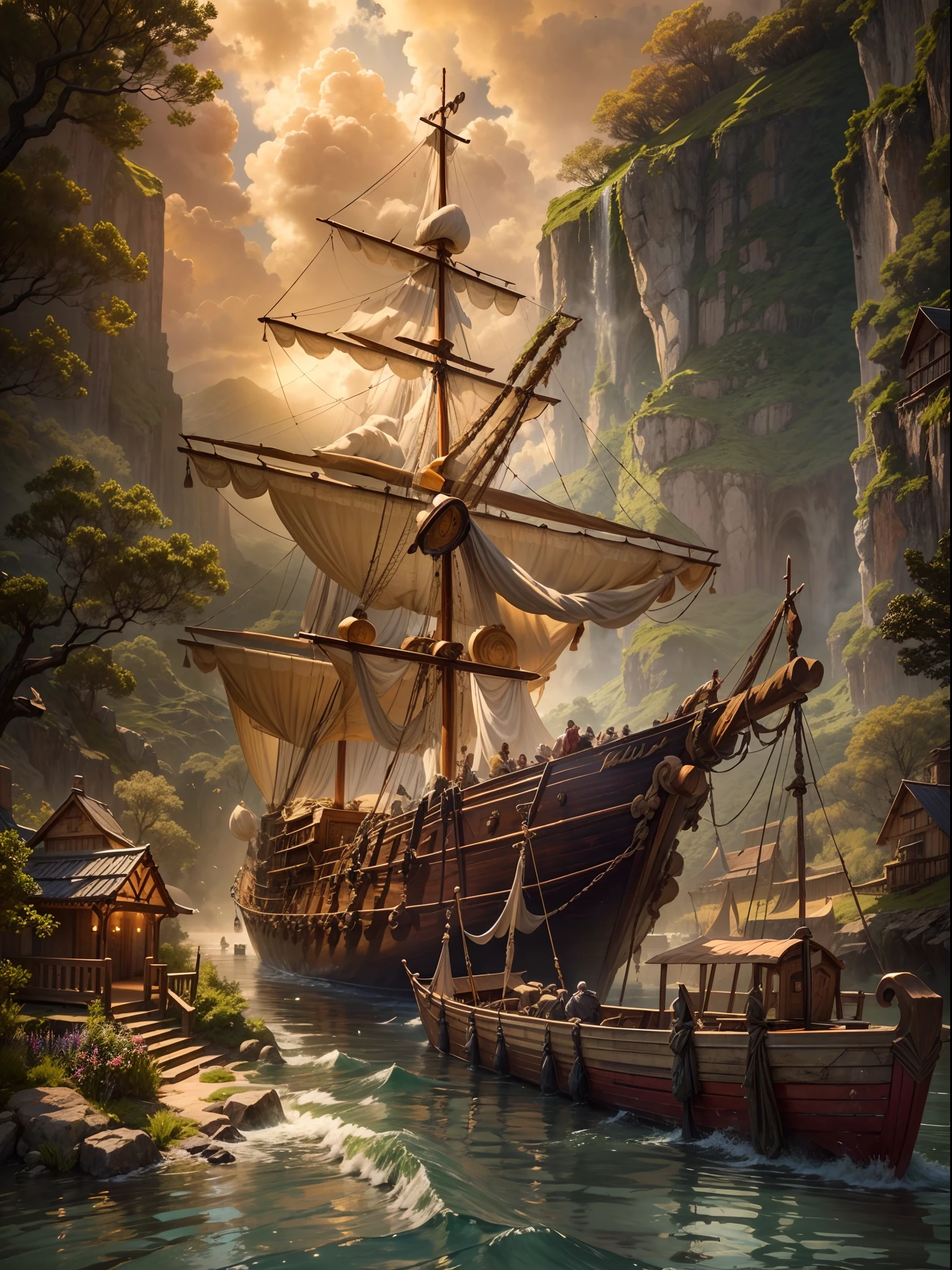 best quality,highres,masterpiece:1.2,ultra-detailed,realistic,photorealistic:1.37,Noah's giant Ark,large wooden ship,full-scale replica,biblical scene,massive vessel,towering structure,historic significance,life-sized animals,meticulous craftsmanship,ancient architecture,impressive detail,spectacular sight,overwhelming scale,great flood,reliable protection,remarkable feat,awe-inspiring,grandeur,vivid colors,sunlit sky,warmth and light,peaceful atmosphere,sense of hope, tranquil surroundings, harmonious composition,soft sunlight filtering through clouds,gentle waves lapping at the hull, serenity of the water,body of water stretching into the horizon,peaceful reflections,immersive experience,realistic textures of wooden planks and animal fur,rich textures of vegetation and plants,Judeo-Christian theme,iconic story,power of faith and perseverance,important historical event,reminder of the power of nature,untamed wilderness,challenging journey,endurance against adversity,divine intervention,museum-quality exhibit,educational display,architectural marvel,photography-friendly structure,appeal to all ages