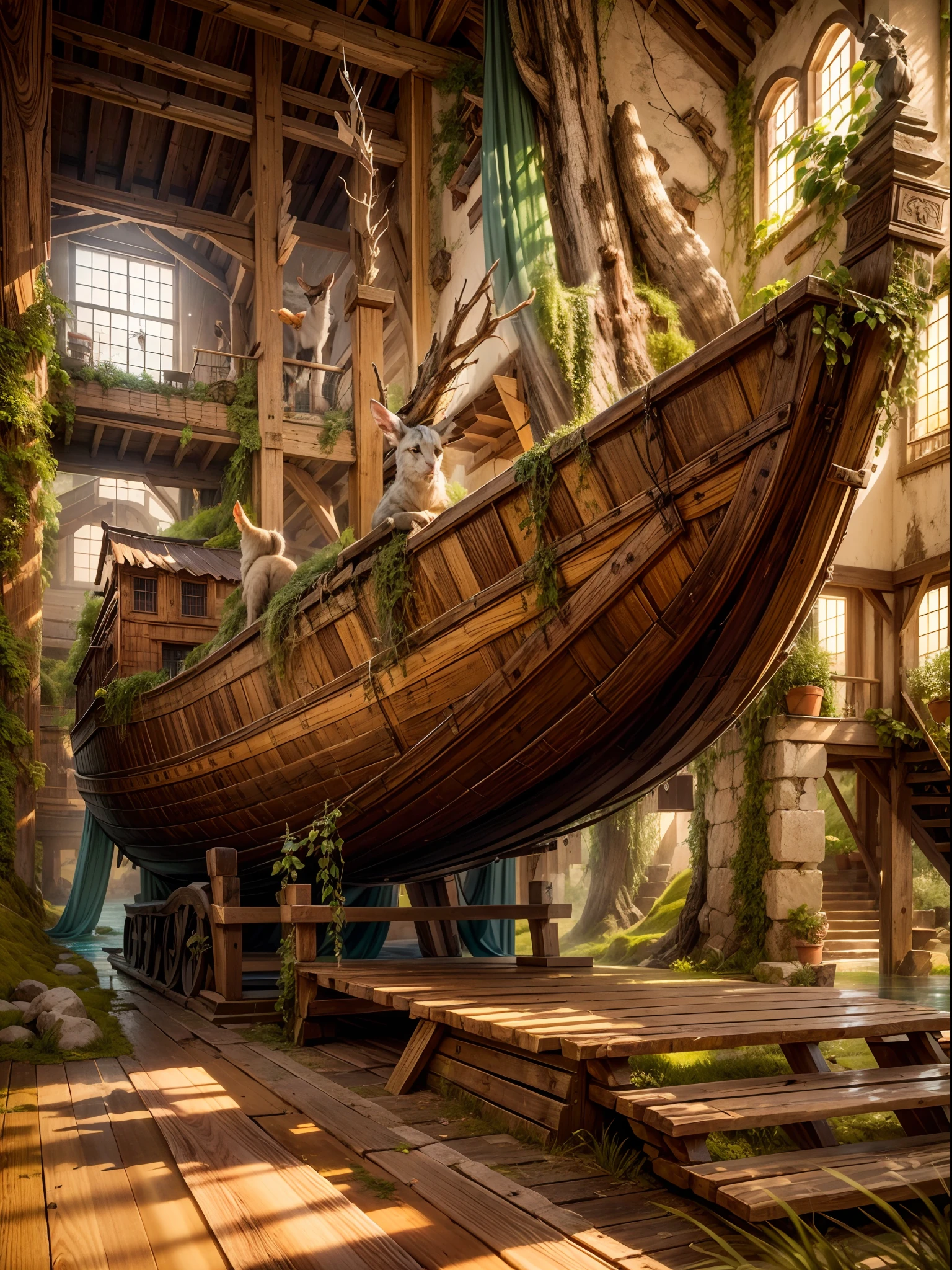 best quality,highres,masterpiece:1.2,ultra-detailed,realistic,photorealistic:1.37,Noah's giant Ark,large wooden ship,full-scale replica,biblical scene,massive vessel,towering structure,historic significance,life-sized animals,meticulous craftsmanship,ancient architecture,impressive detail,spectacular sight,overwhelming scale,great flood,reliable protection,remarkable feat,awe-inspiring,grandeur,vivid colors,sunlit sky,warmth and light,peaceful atmosphere,sense of hope, tranquil surroundings, harmonious composition,soft sunlight filtering through clouds,gentle waves lapping at the hull, serenity of the water,body of water stretching into the horizon,peaceful reflections,immersive experience,realistic textures of wooden planks and animal fur,rich textures of vegetation and plants,Judeo-Christian theme,iconic story,power of faith and perseverance,important historical event,reminder of the power of nature,untamed wilderness,challenging journey,endurance against adversity,divine intervention,museum-quality exhibit,educational display,architectural marvel,photography-friendly structure,appeal to all ages