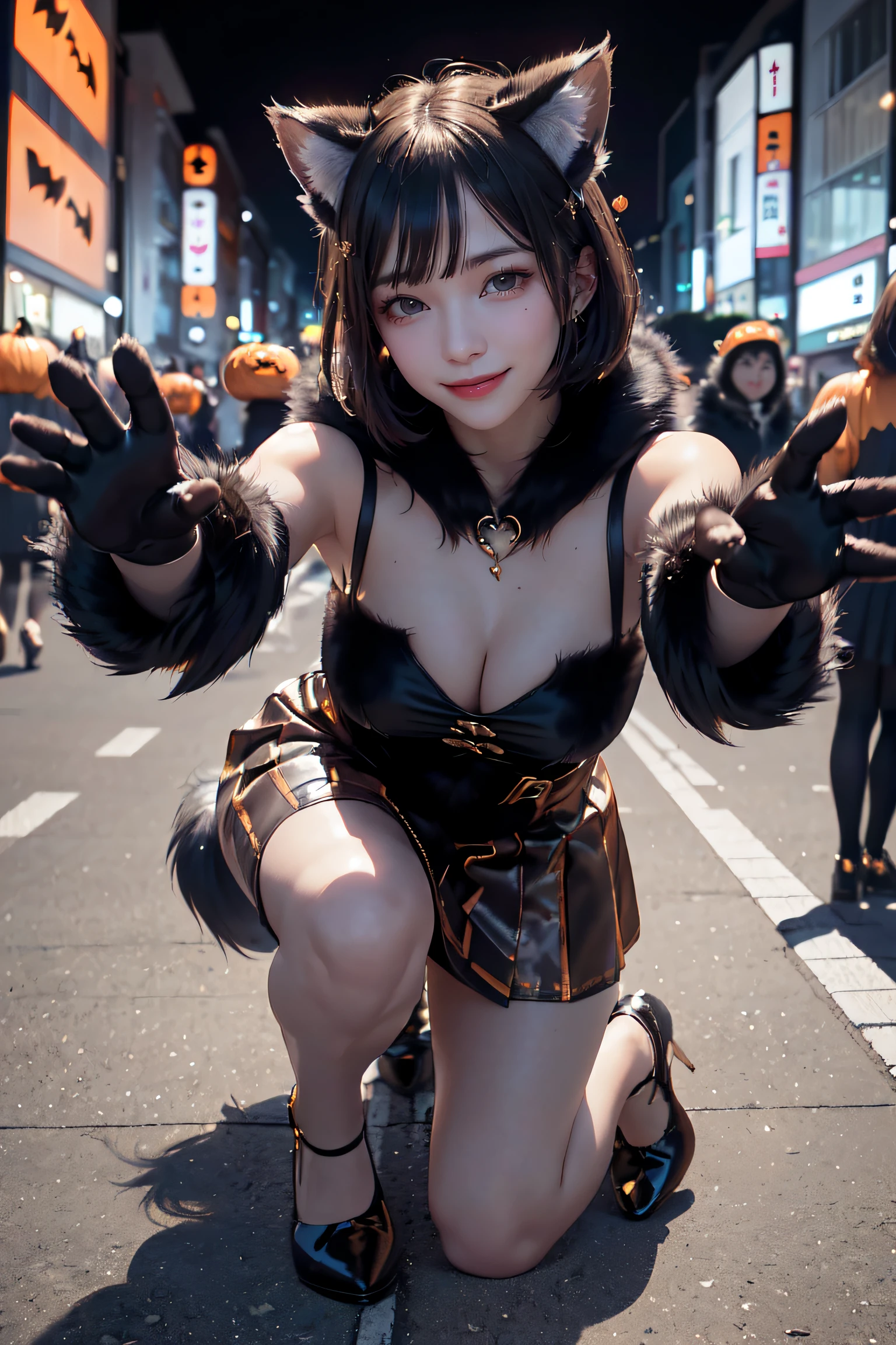 masterpiece, top-quality, top-quality, Beautifully Aesthetic:1.2, 1girl, party night, ((Wearing a high-quality fur costume cat, gloves of cat, cat paw-shaped shoes, fur miniskirt):1.2), high detailed, (kneeling with Selfie pose that reaching out:1.3), large breasts, firm breast, nicely shaped breasts, slender figure, 
((Dark Brown Hair)), wavy hair, ((short hair:1.2)), 
((in A modern street of decorated for Halloween in Shibuya at late night:1.2)), (Upper body shot:1.1), (From below:1.3), (Focus on Knees:1.1), ((looking at viewer:1.2)),
