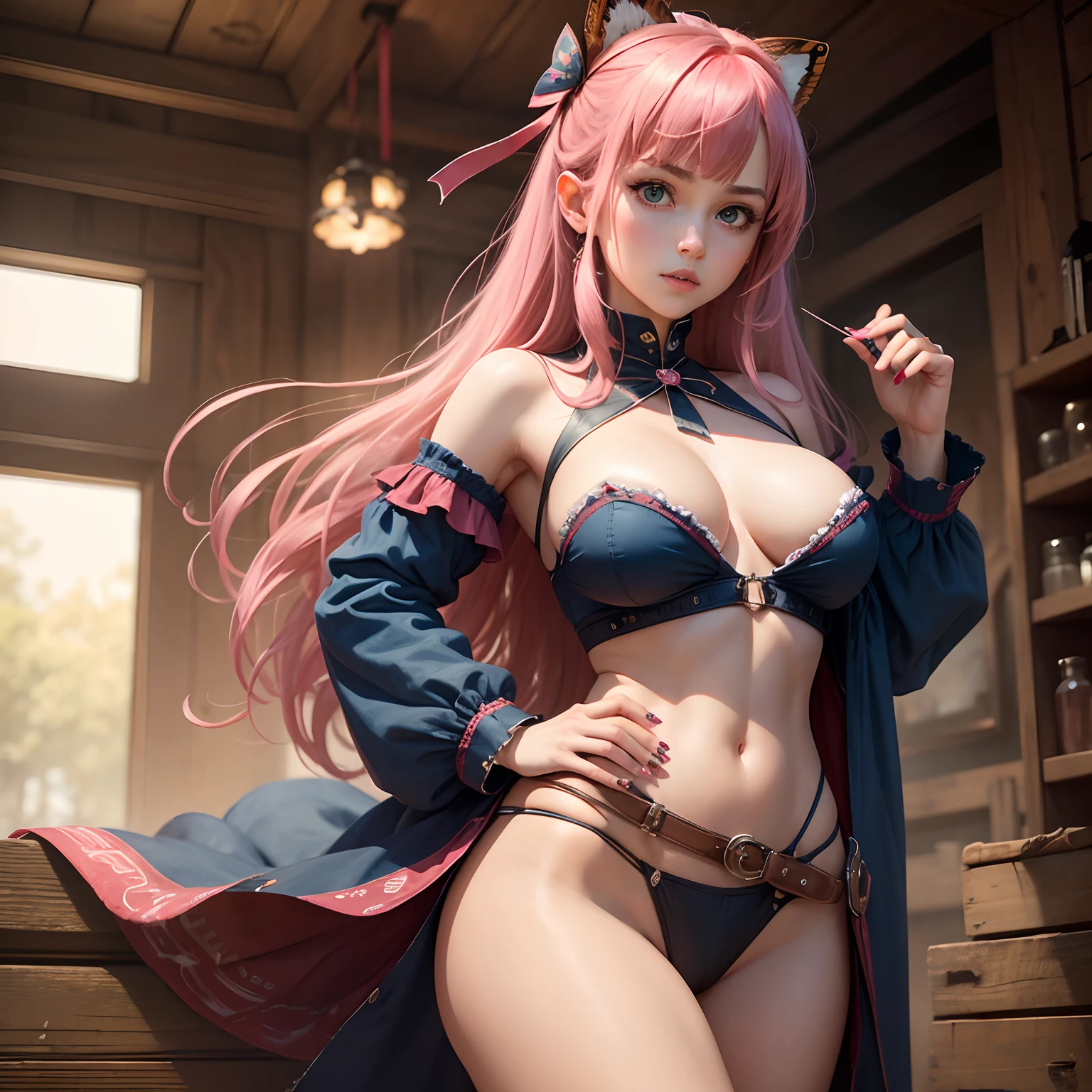 8k, masterpiece, best quality, realistic, higly detailed, cowboy shot, 1girl, solo, Nino, cute, cold-looking girl, waist-length straight hair, square bangs hanging over eyebrows, reddish-pink hair, twin butterfly-shaped ribbons on both sides of head, dark blue eyes, average height, well-endowed figure, large breasts, fashionable girl, various cute accessories, takes care of nails, Famine Bringuer